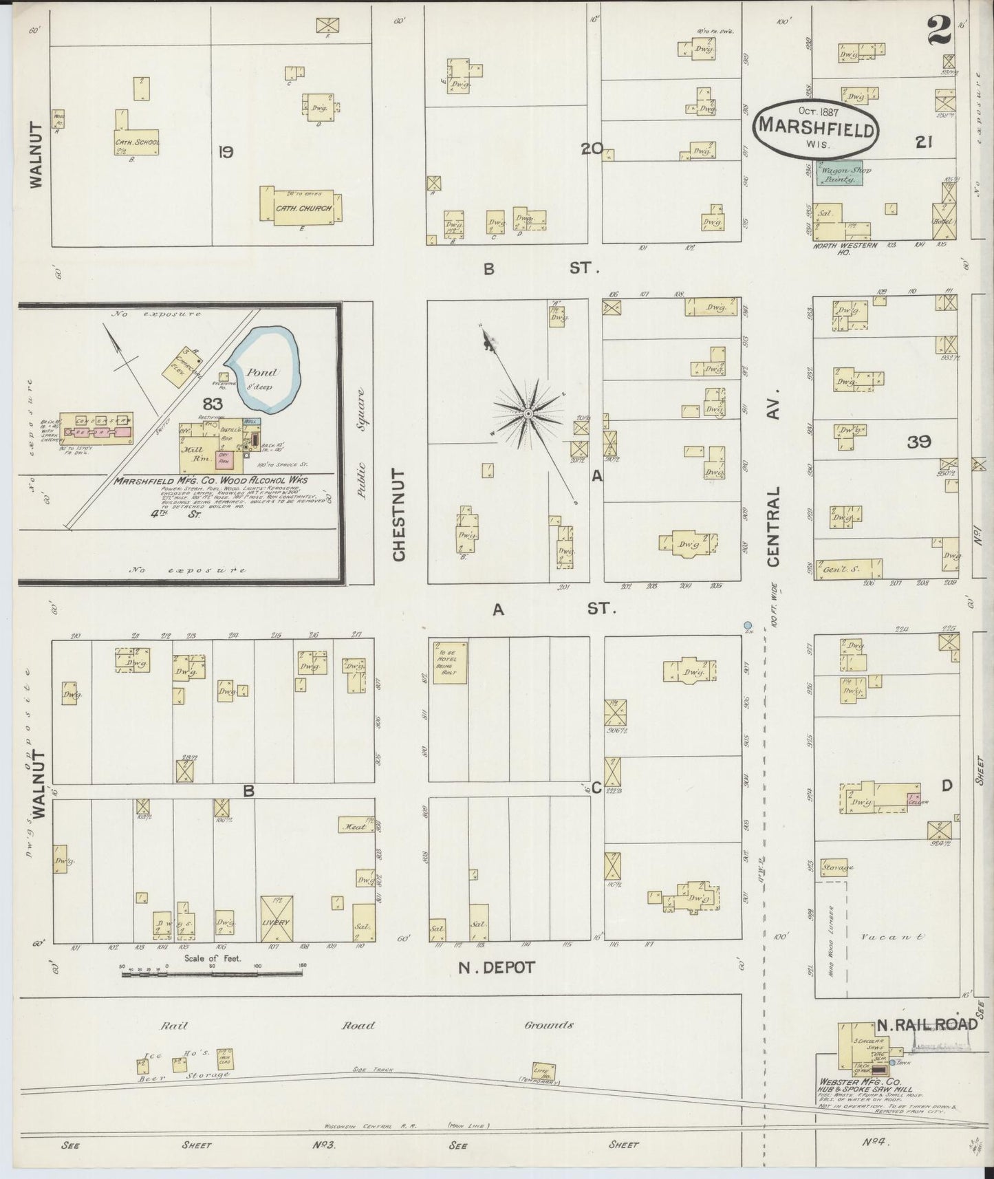 Sanborn Fire Insurance Map from Marshfield, Wood County, Wisconsin (1887), Sheet #0002 - Historic Sanborn Fire Insurance Map Print, vintage old map wall art, antique decor, genealogy gift, Wisconsin Wisconsin map
