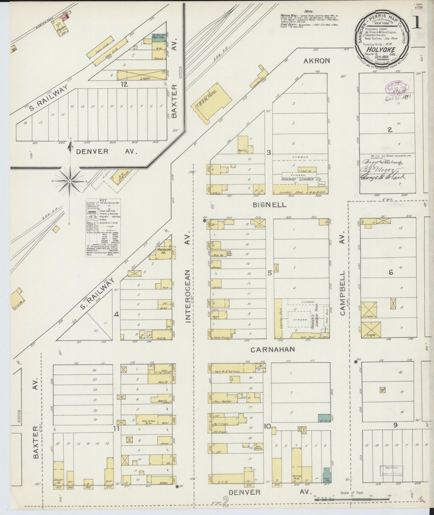 Sanborn Fire Insurance Map from Holyoke, Phillips County, Colorado (1893), Sheet #0001 - Historic Sanborn Fire Insurance Map Print, vintage old map wall art, antique decor, genealogy gift, Colorado Colorado map