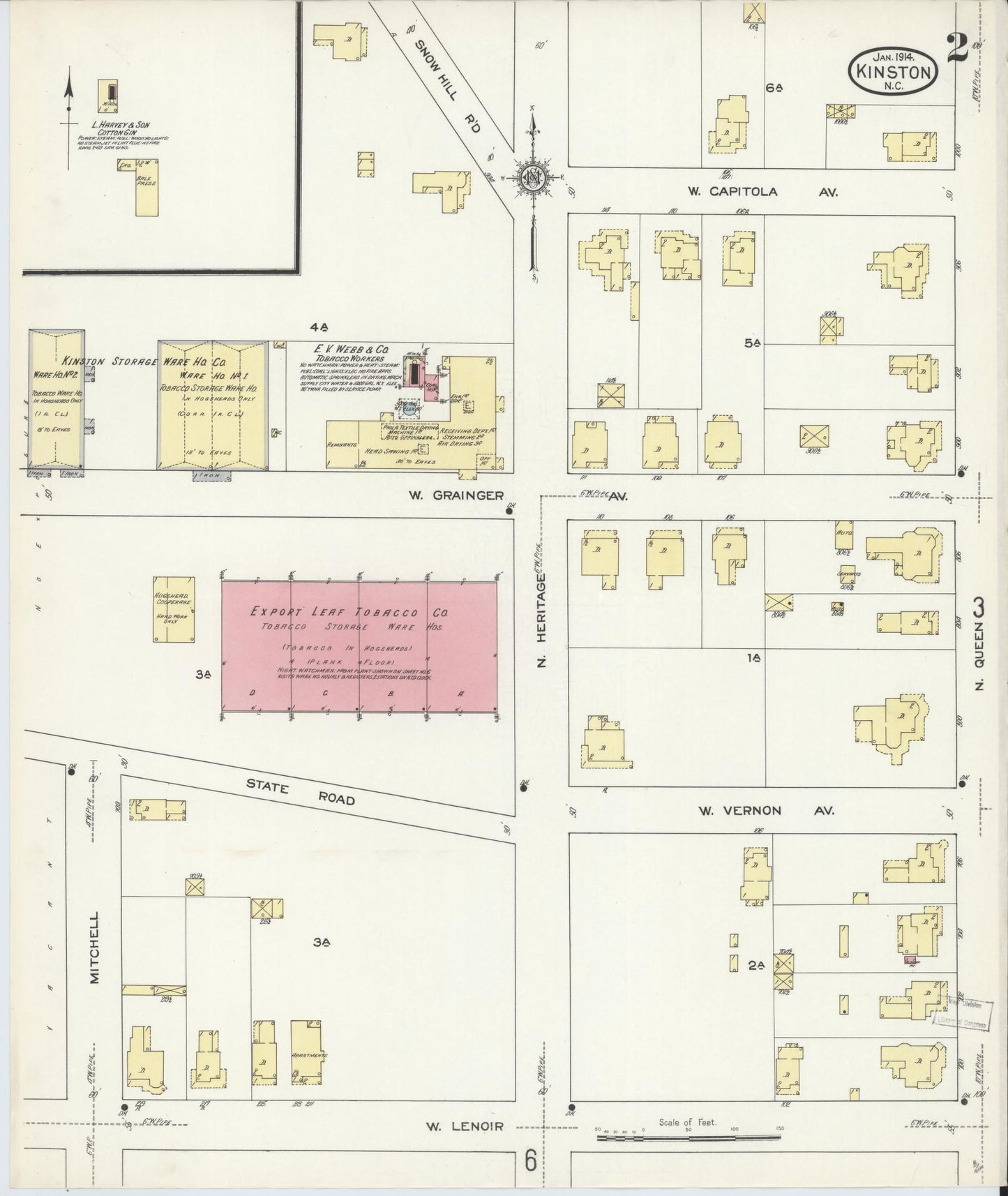Sanborn Fire Insurance Map from Kinston, Lenoir County, North Carolina (1914), Sheet #0002 - Historic Sanborn Fire Insurance Map Print, vintage old map wall art, antique decor, genealogy gift, North Carolina North Carolina map