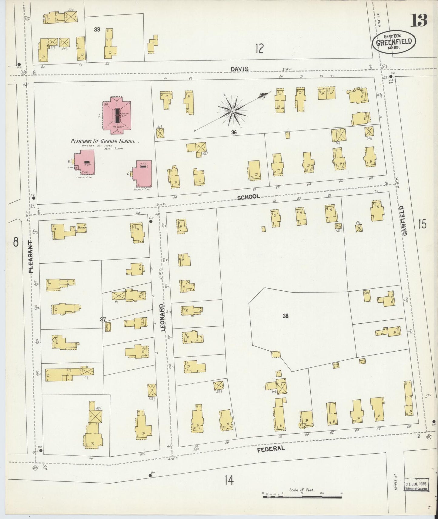 Sanborn Fire Insurance Map from Greenfield, Franklin County, Massachusetts (1902), Sheet #0013 - Historic Sanborn Fire Insurance Map Print, vintage old map wall art, antique decor, genealogy gift, Massachusetts Massachusetts map