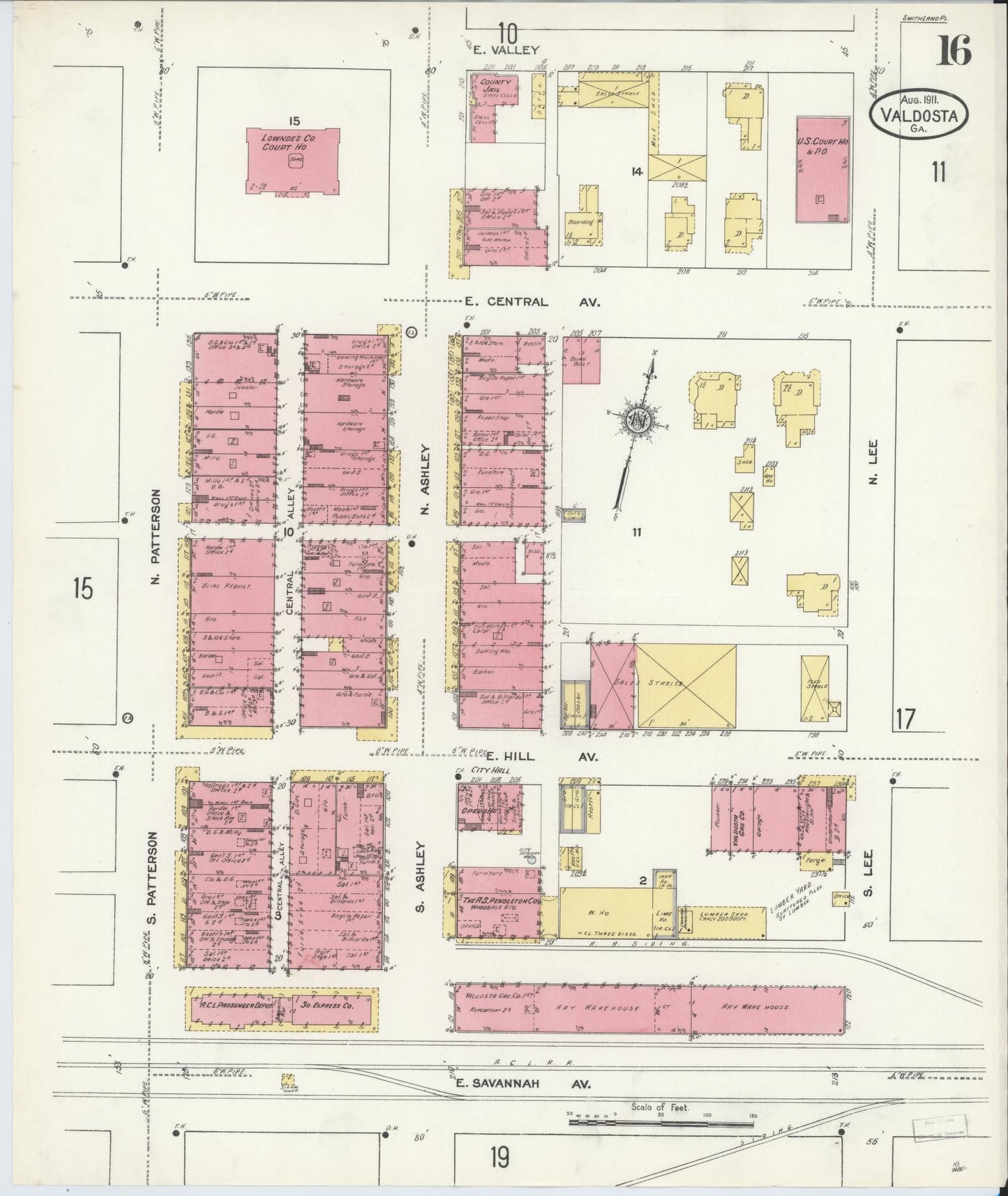 Sanborn Fire Insurance Map from Valdosta, Lowndes County, Georgia (1911), Sheet #0016 - Historic Sanborn Fire Insurance Map Print, vintage old map wall art, antique decor, genealogy gift, Georgia Georgia map