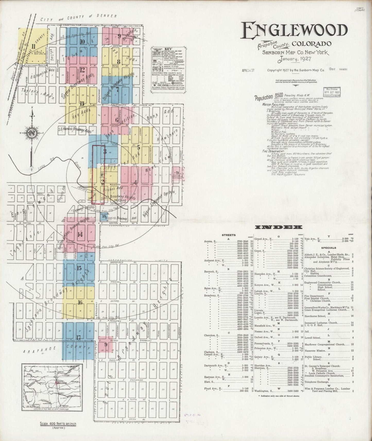Sanborn Fire Insurance Map from Englewood, Arapahoe County, Colorado (1927), Sheet #0001 - Historic Sanborn Fire Insurance Map Print, vintage old map wall art, antique decor, genealogy gift, Colorado Colorado map
