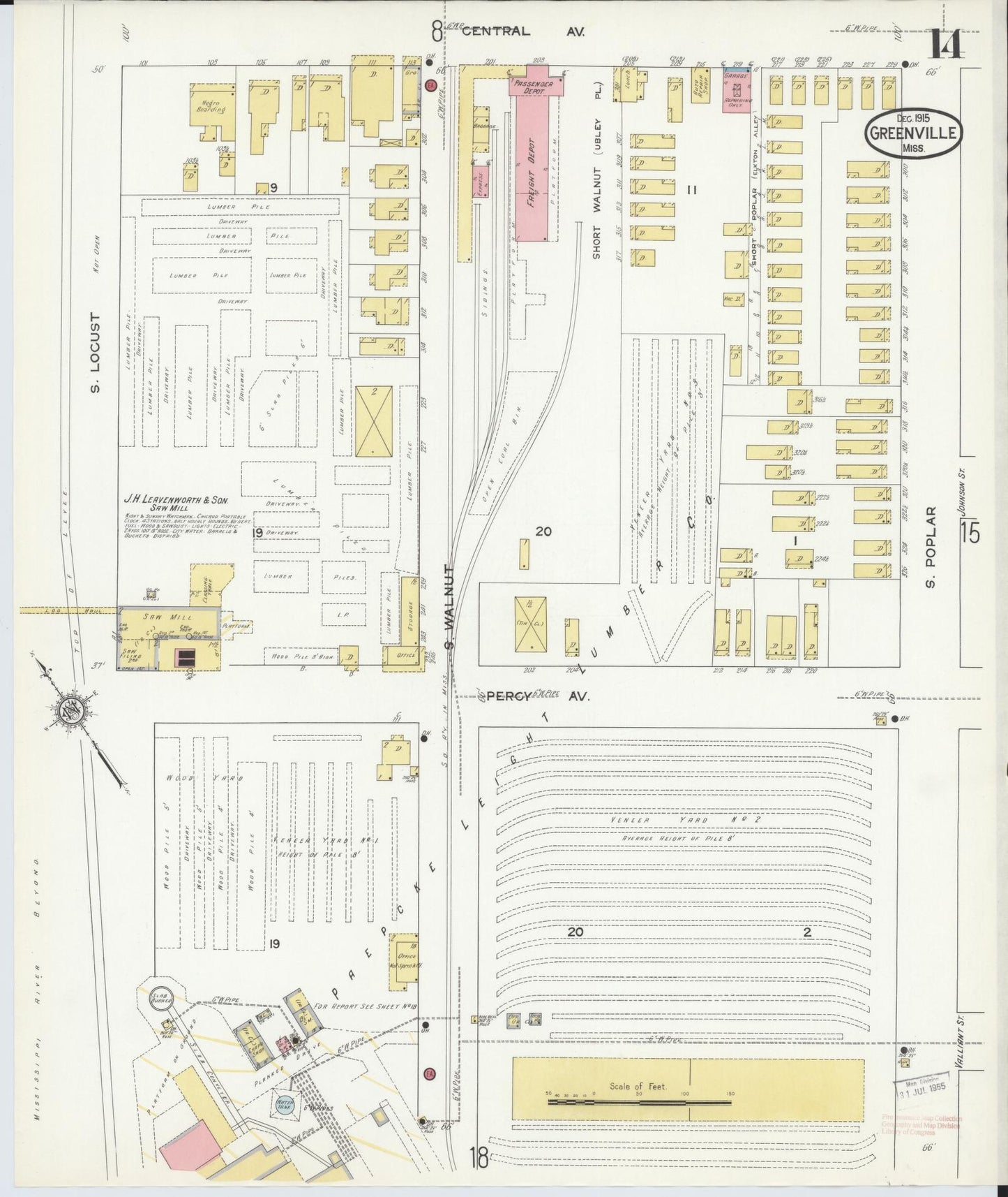 Sanborn Fire Insurance Map from Greenville, Washington County, Mississippi (1915), Sheet #0014 - Historic Sanborn Fire Insurance Map Print, vintage old map wall art, antique decor, genealogy gift, Mississippi Mississippi map