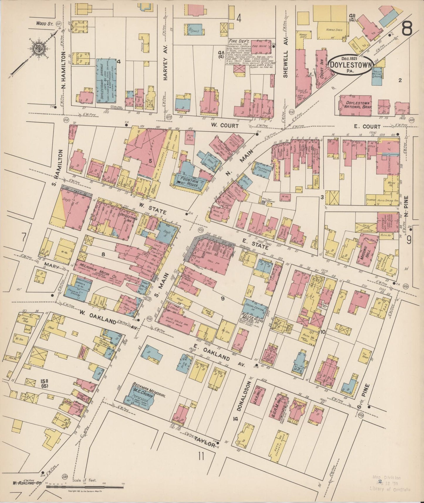 Sanborn Fire Insurance Map from Doylestown, Bucks County, Pennsylvania (1922), Sheet #0008 - Historic Sanborn Fire Insurance Map Print, vintage old map wall art, antique decor, genealogy gift, Pennsylvania Pennsylvania map