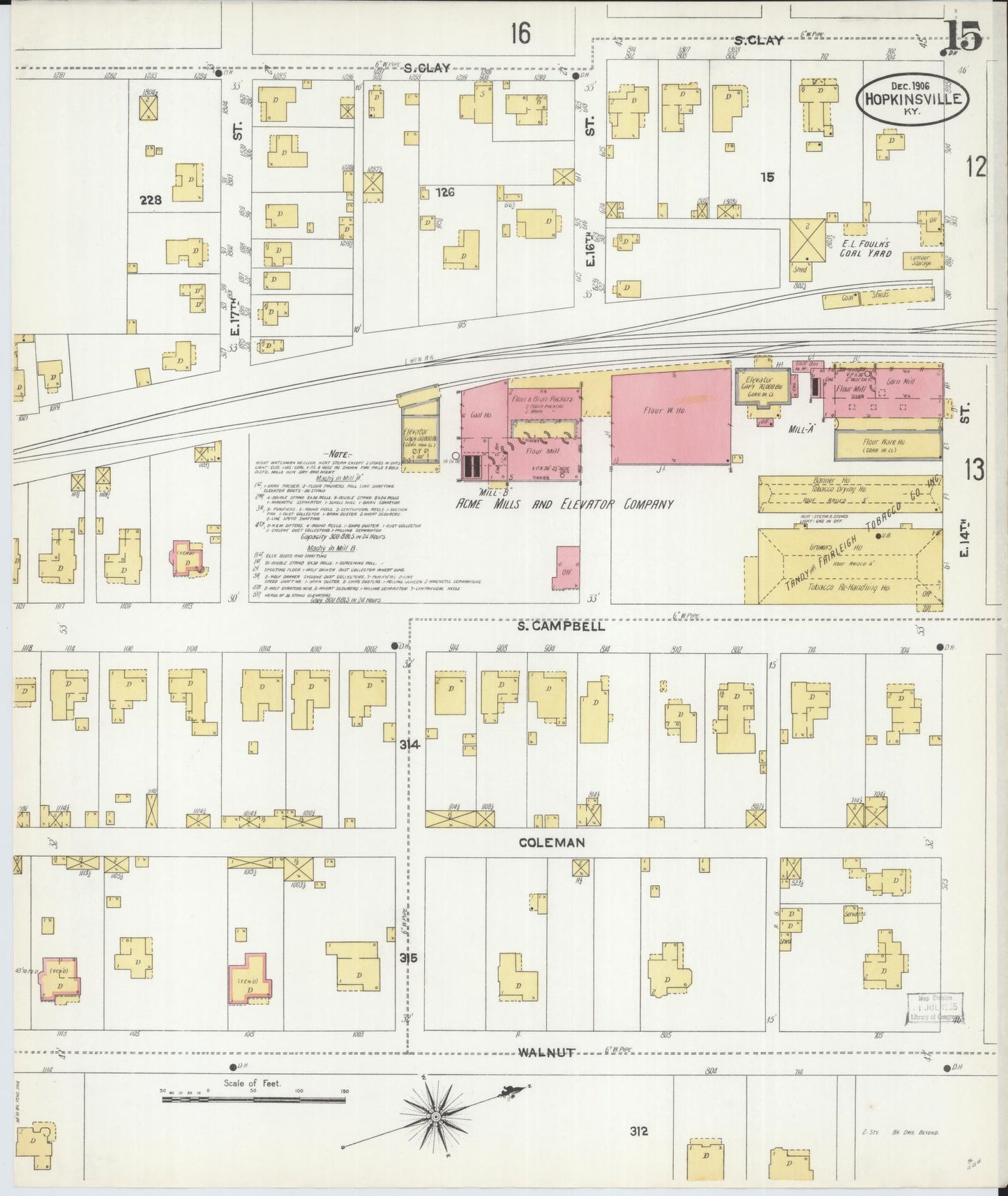 Sanborn Fire Insurance Map from Hopkinsville, Christian County, Kentucky (1906), Sheet #0015 - Historic Sanborn Fire Insurance Map Print, vintage old map wall art, antique decor, genealogy gift, Kentucky Kentucky map