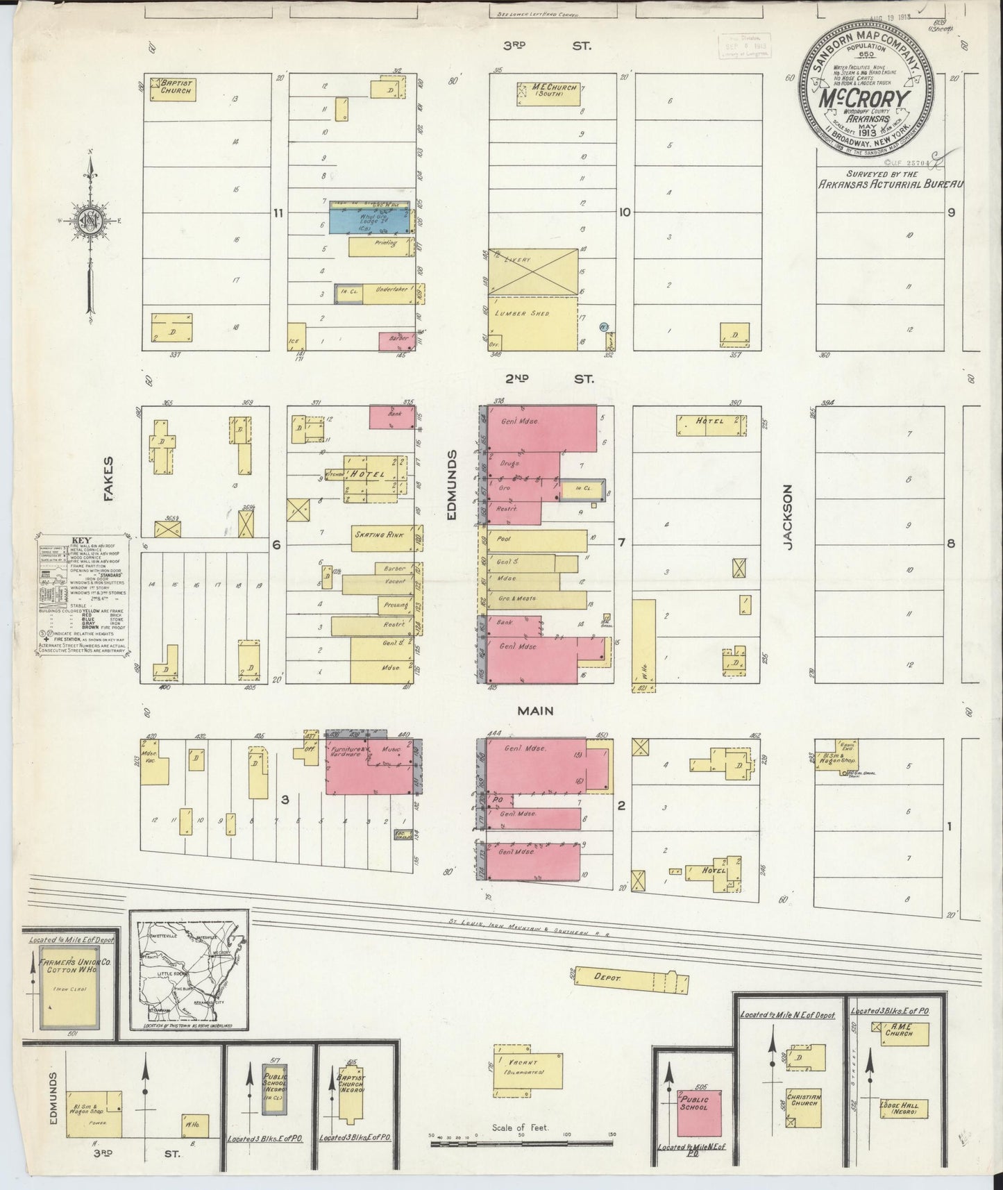 Sanborn Fire Insurance Map from McCrory, Woodruff County, Arkansas (1913), Sheet #0001 - Historic Sanborn Fire Insurance Map Print, vintage old map wall art, antique decor, genealogy gift, Arkansas Arkansas map