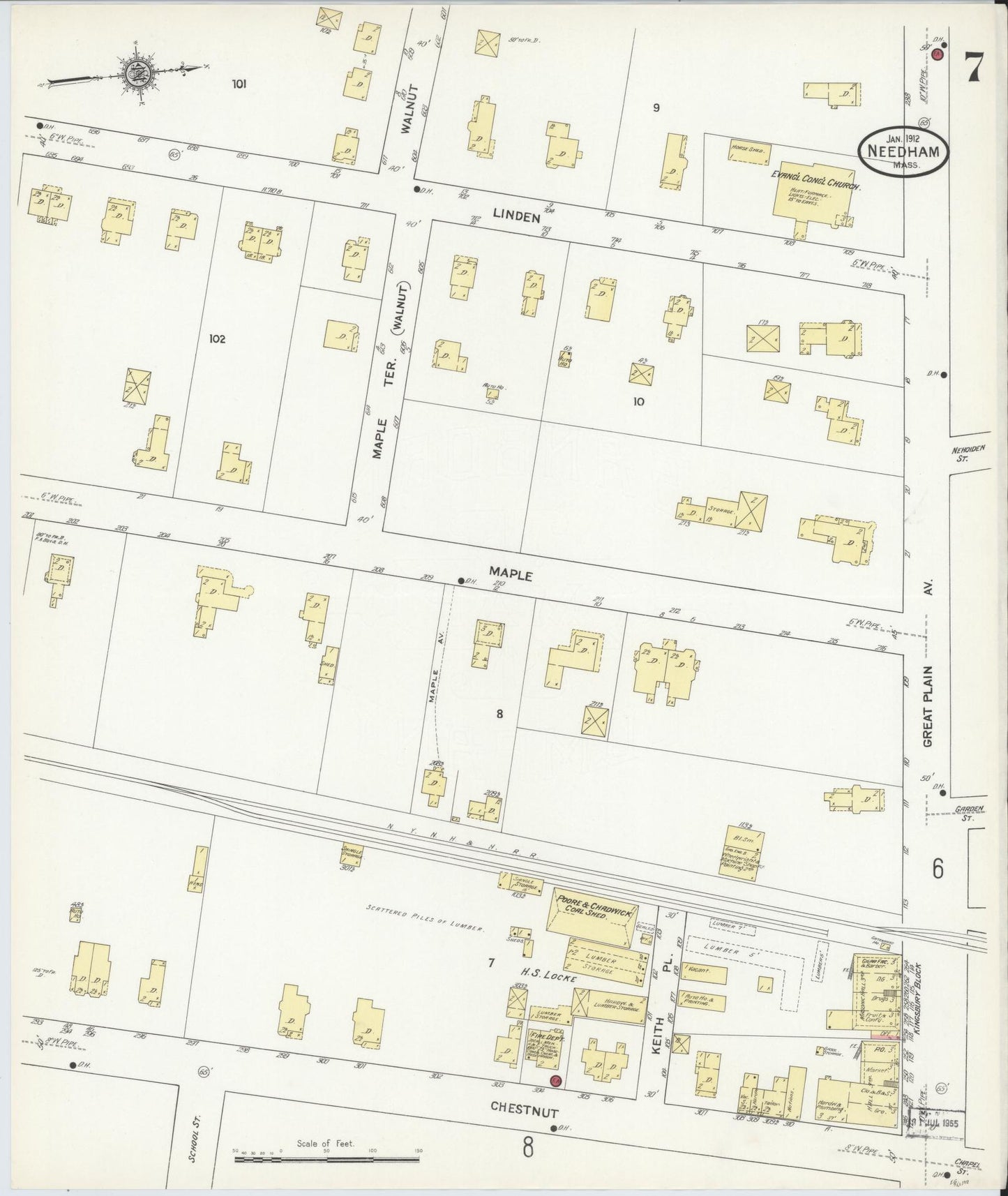 Sanborn Fire Insurance Map from Needham, Norfolk County, Massachusetts (1912), Sheet #0007 - Historic Sanborn Fire Insurance Map Print, vintage old map wall art, antique decor, genealogy gift, Massachusetts Massachusetts map