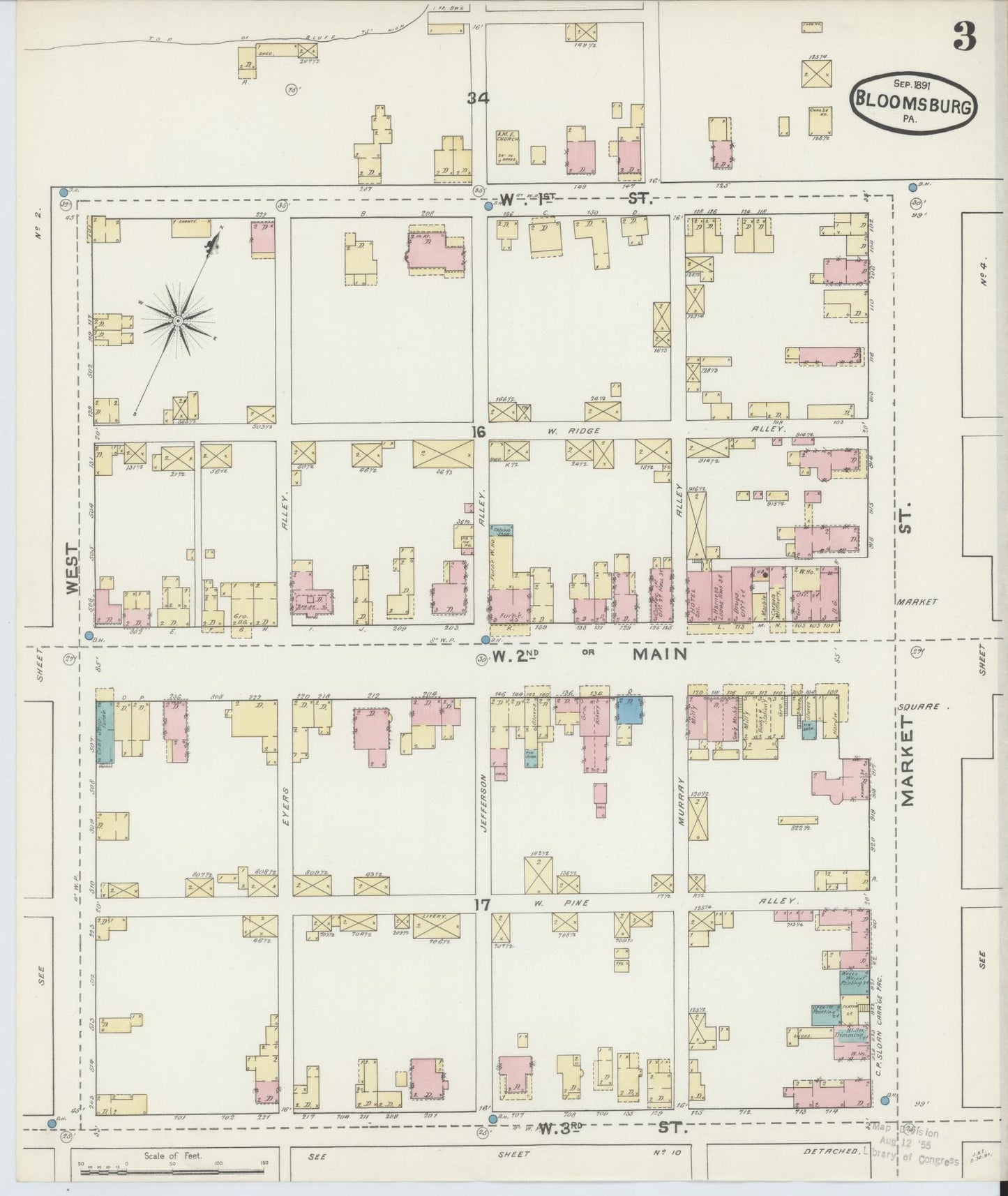 Sanborn Fire Insurance Map from Bloomsburg, Columbia County, Pennsylvania (1891), Sheet #0003 - Historic Sanborn Fire Insurance Map Print, vintage old map wall art, antique decor, genealogy gift, Pennsylvania Pennsylvania map