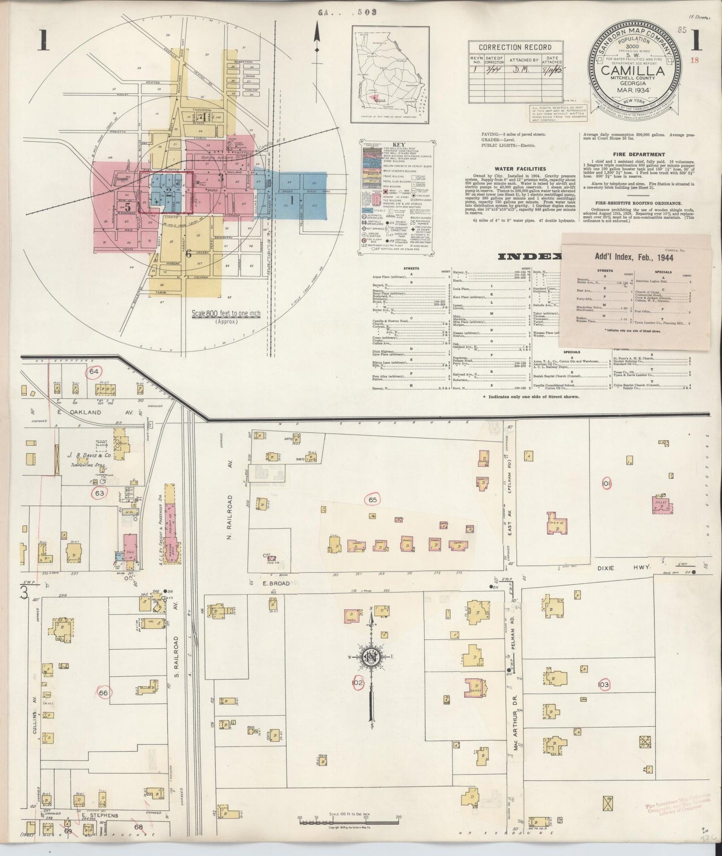 Sanborn Fire Insurance Map from Camilla, Mitchell County, Georgia (1944), Sheet #0001 - Historic Sanborn Fire Insurance Map Print, vintage old map wall art, antique decor, genealogy gift, Georgia Georgia map