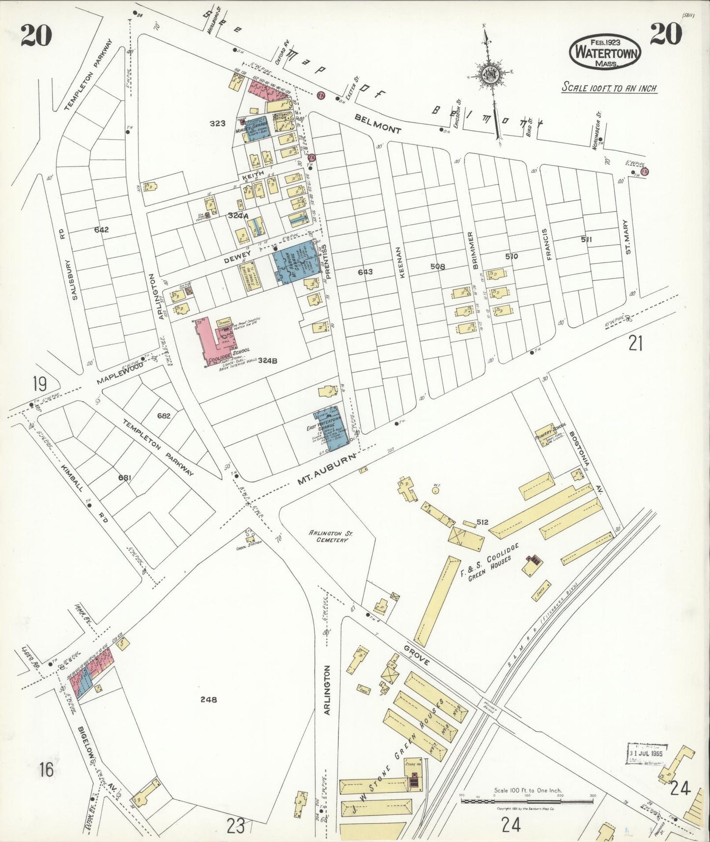 Sanborn Fire Insurance Map from Watertown, Middlesex County, Massachusetts (1923), Sheet #0020 - Historic Sanborn Fire Insurance Map Print, vintage old map wall art, antique decor, genealogy gift, Massachusetts Massachusetts map