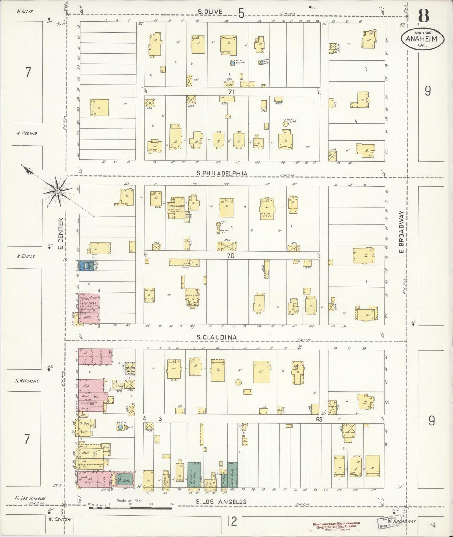 Sanborn Fire Insurance Map from Anaheim, Orange County, California (1907), Sheet #0008 - Historic Sanborn Fire Insurance Map Print, vintage old map wall art, antique decor, genealogy gift, California California map