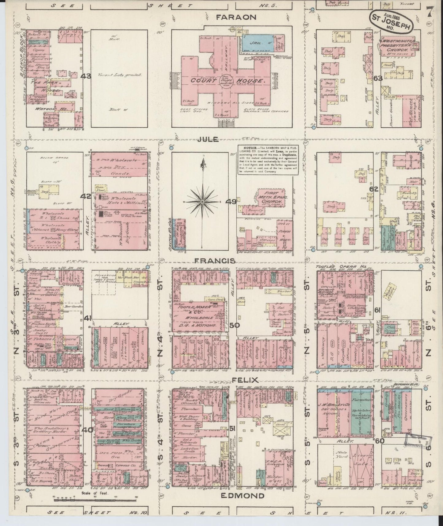 Sanborn Fire Insurance Map from Saint Joseph, Buchanan County, Missouri (1883), Sheet #0007 - Historic Sanborn Fire Insurance Map Print, vintage old map wall art, antique decor, genealogy gift, Missouri Missouri map