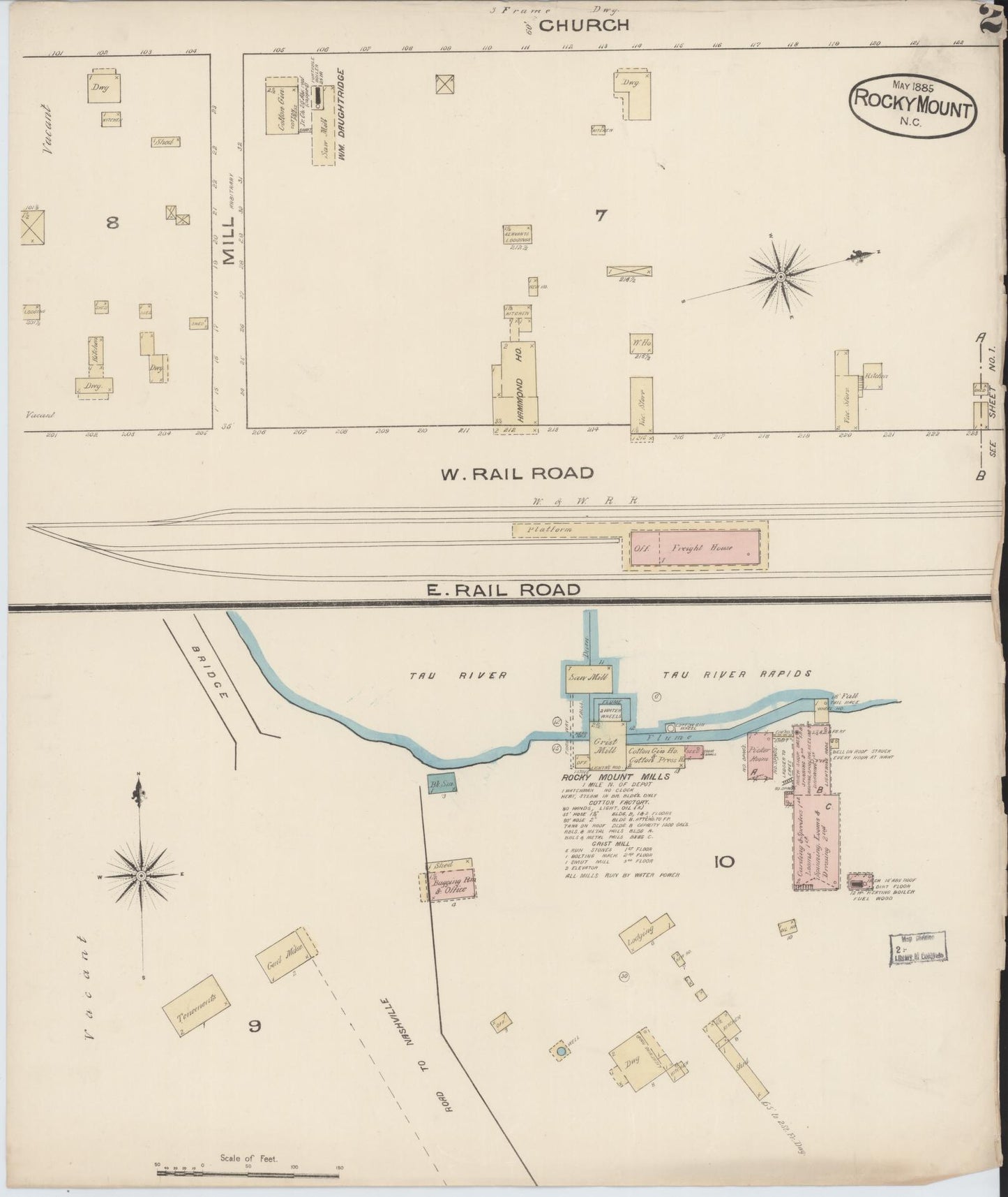 Sanborn Fire Insurance Map from Rocky Mount, Edgecombe And Nash Counties, North Carolina (1885), Sheet #0002 - Complete Map Set gallery image, historic Sanborn map, vintage wall art, North Carolina North Carolina