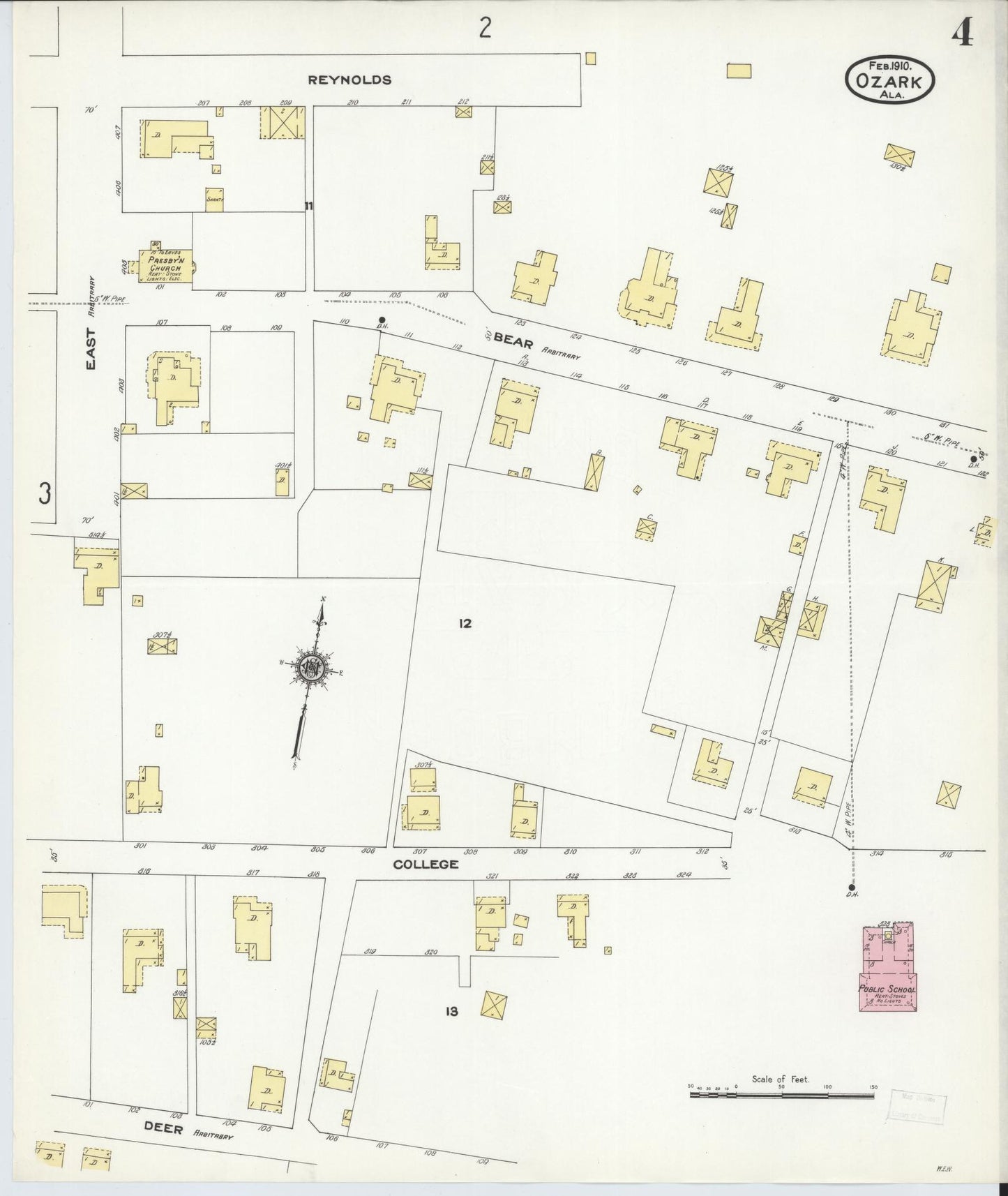 Sanborn Fire Insurance Map from Ozark, Dale County, Alabama (1910), Sheet #0004 - Complete Map Set gallery image, historic Sanborn map, vintage wall art, Alabama Alabama