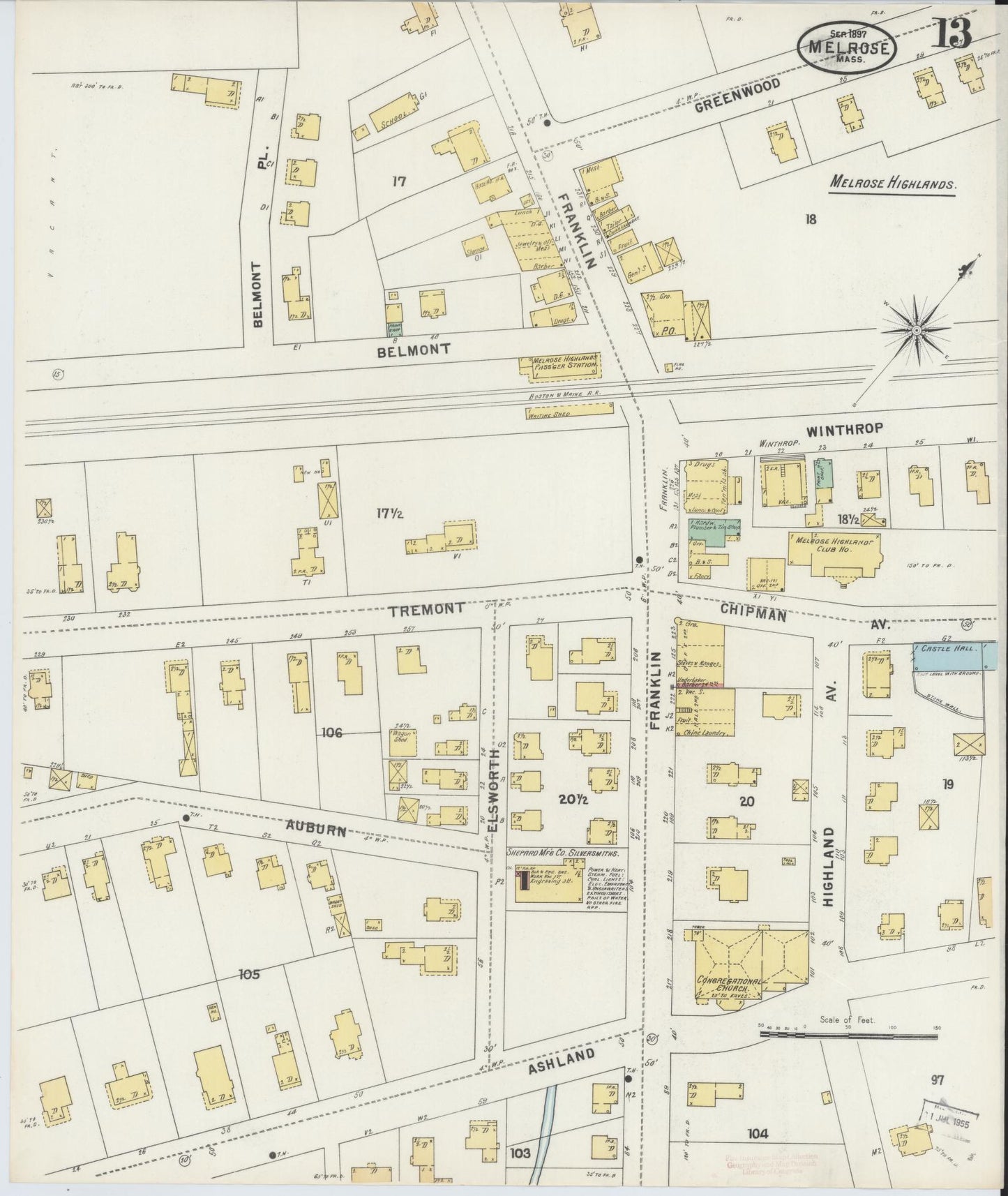 Sanborn Fire Insurance Map from Melrose, Middlesex County, Massachusetts (1897), Sheet #0013 - Historic Sanborn Fire Insurance Map Print, vintage old map wall art, antique decor, genealogy gift, Massachusetts Massachusetts map