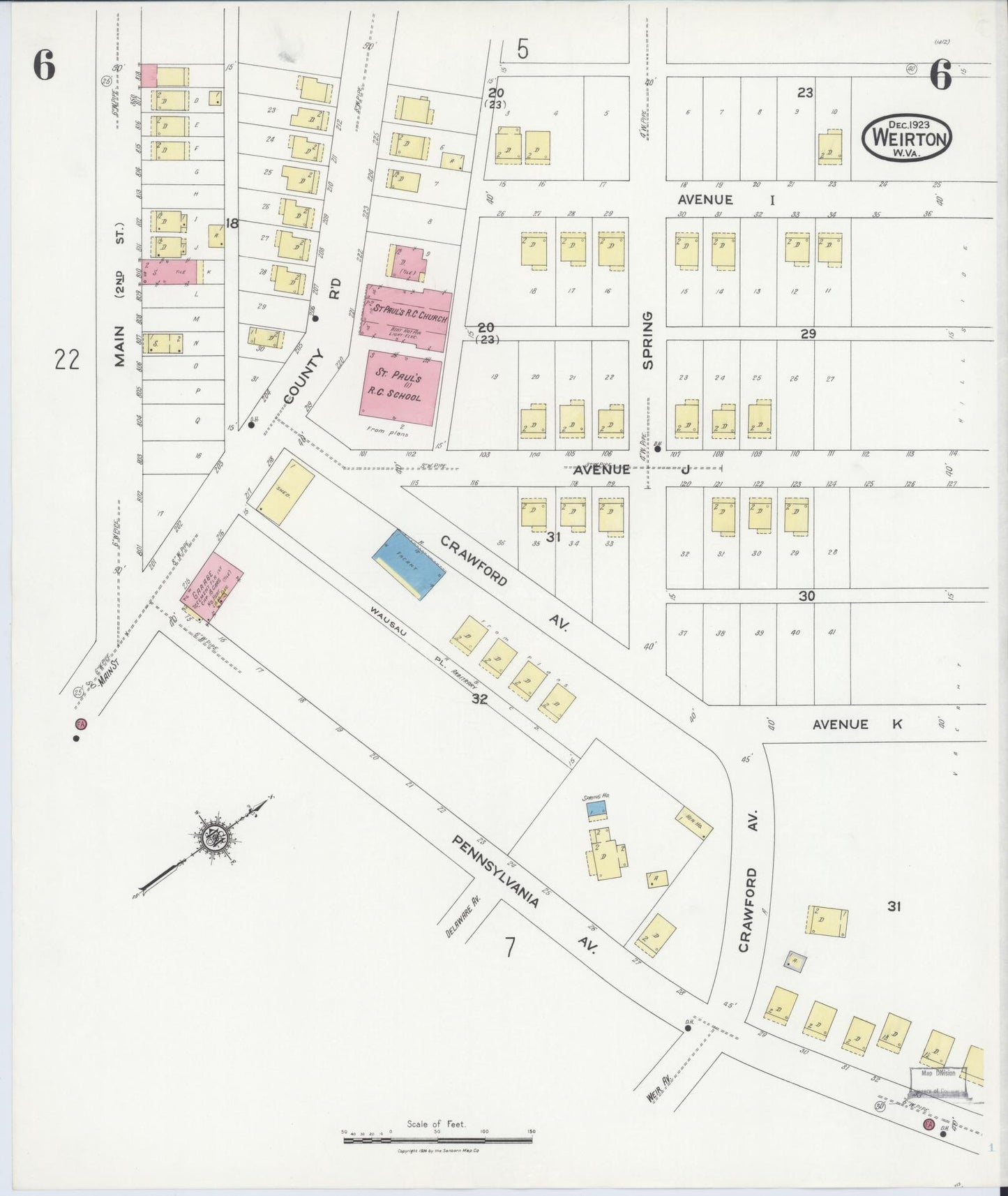 Sanborn Fire Insurance Map from Weirton, Hancock County, West Virginia (1923), Sheet #0006 - Historic Sanborn Fire Insurance Map Print, vintage old map wall art, antique decor, genealogy gift, West Virginia West Virginia map
