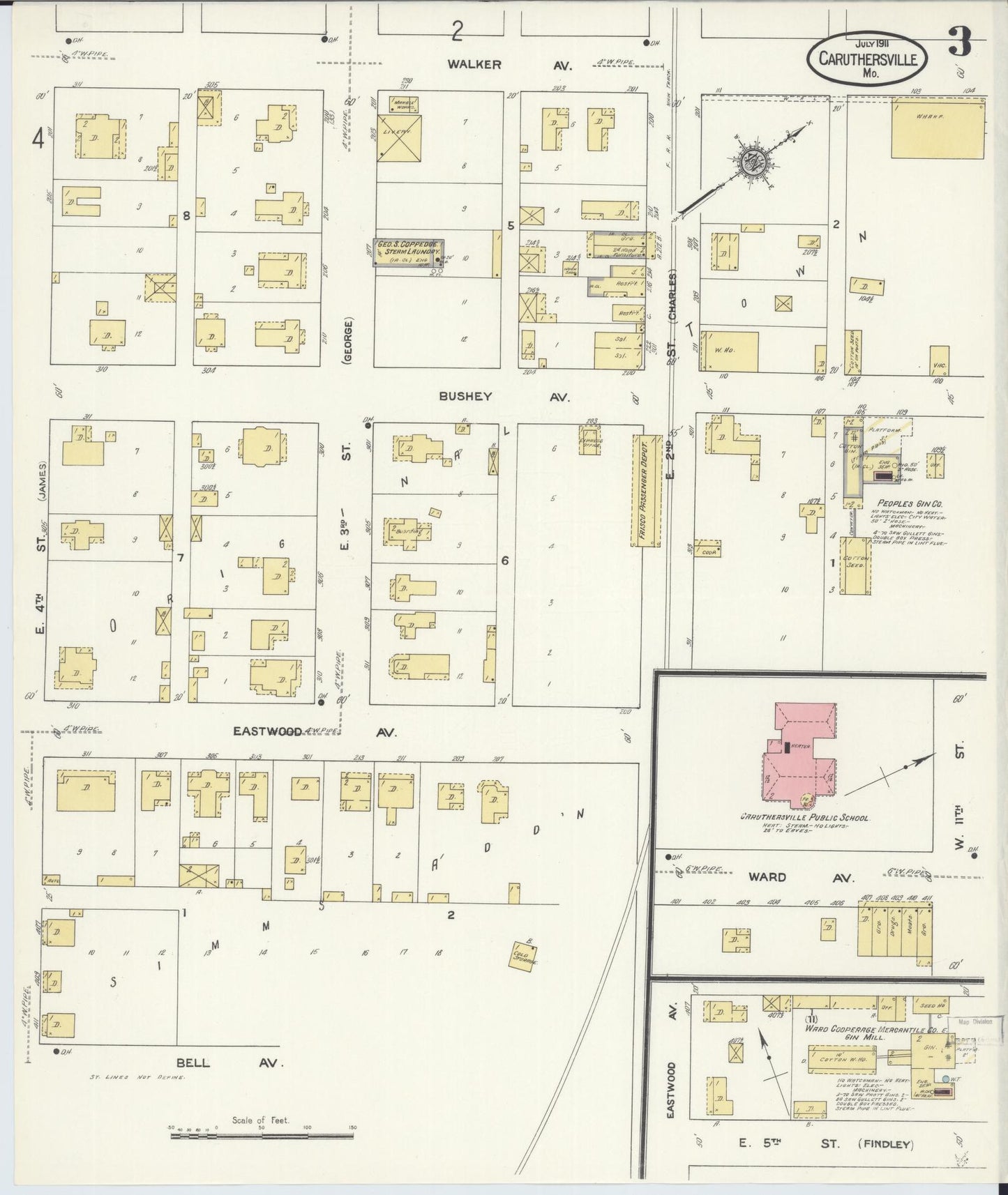 Sanborn Fire Insurance Map from Caruthersville, Pemiscot County, Missouri (1911), Sheet #0003 - Historic Sanborn Fire Insurance Map Print, vintage old map wall art, antique decor, genealogy gift, Missouri Missouri map