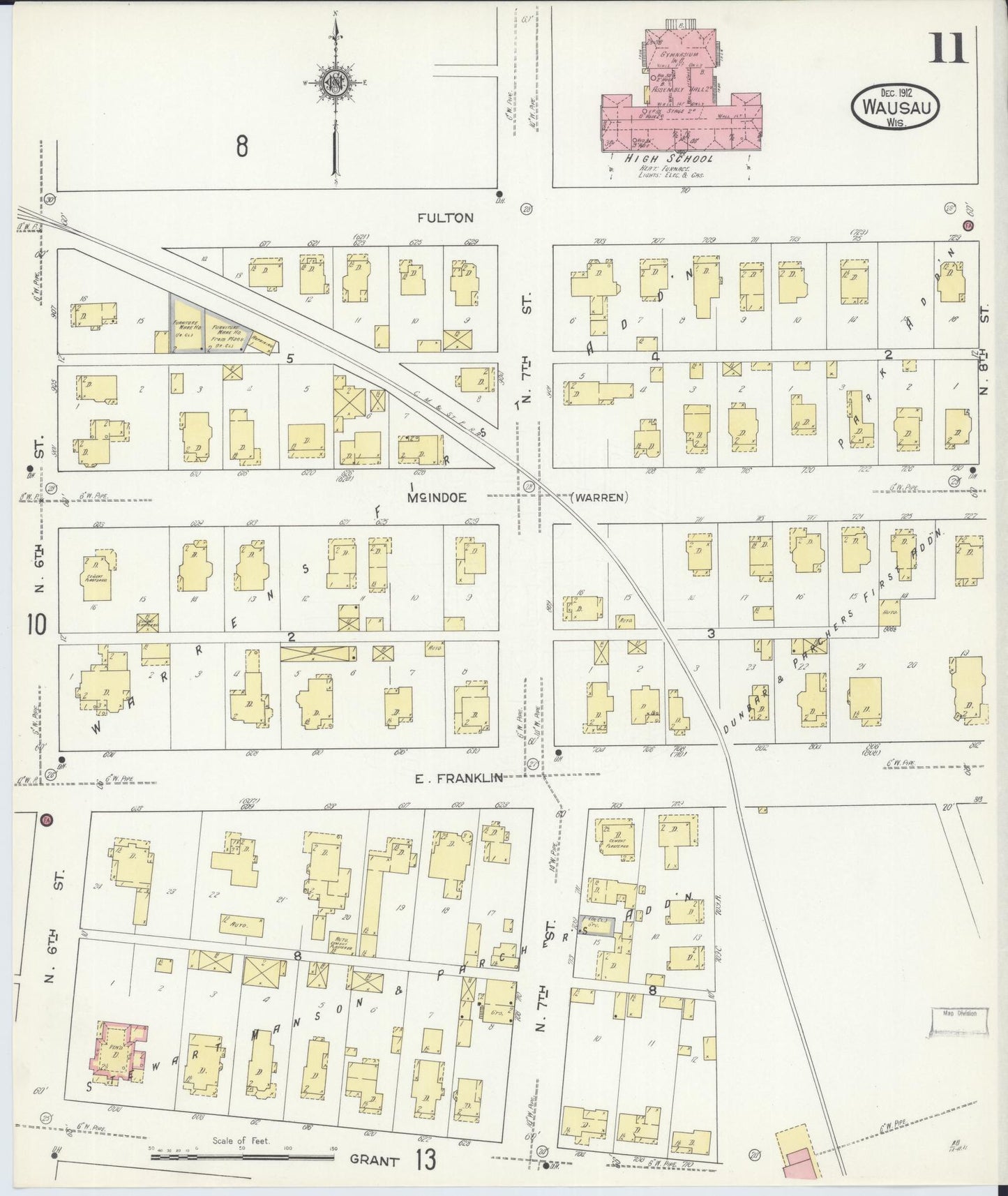 Sanborn Fire Insurance Map from Wausau, Marathon County, Wisconsin (1912), Sheet #0011 - Historic Sanborn Fire Insurance Map Print, vintage old map wall art, antique decor, genealogy gift, Wisconsin Wisconsin map