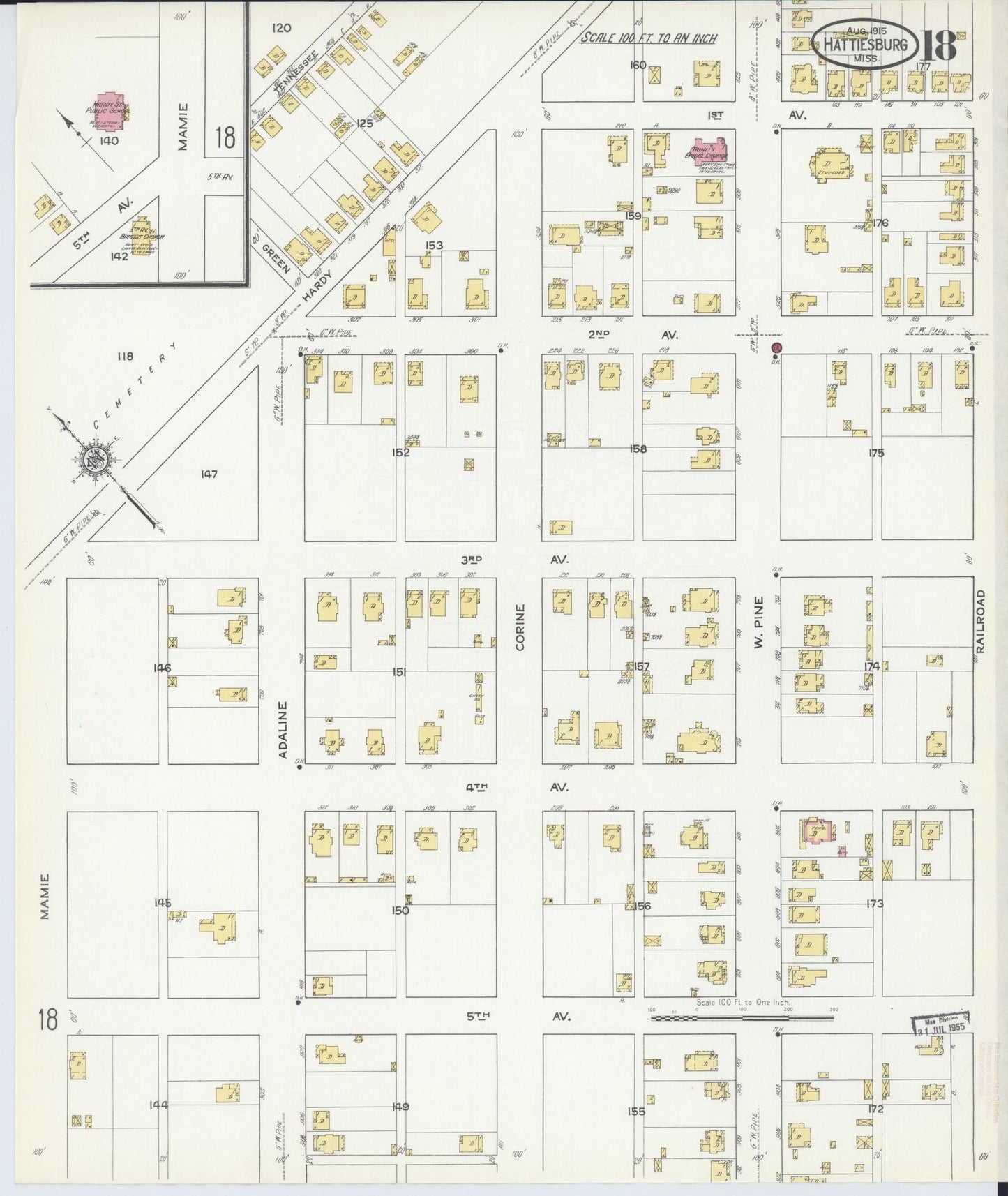 Sanborn Fire Insurance Map from Hattiesburg, Forrest County, Mississippi (1915), Sheet #0018 - Historic Sanborn Fire Insurance Map Print, vintage old map wall art, antique decor, genealogy gift, Mississippi Mississippi map