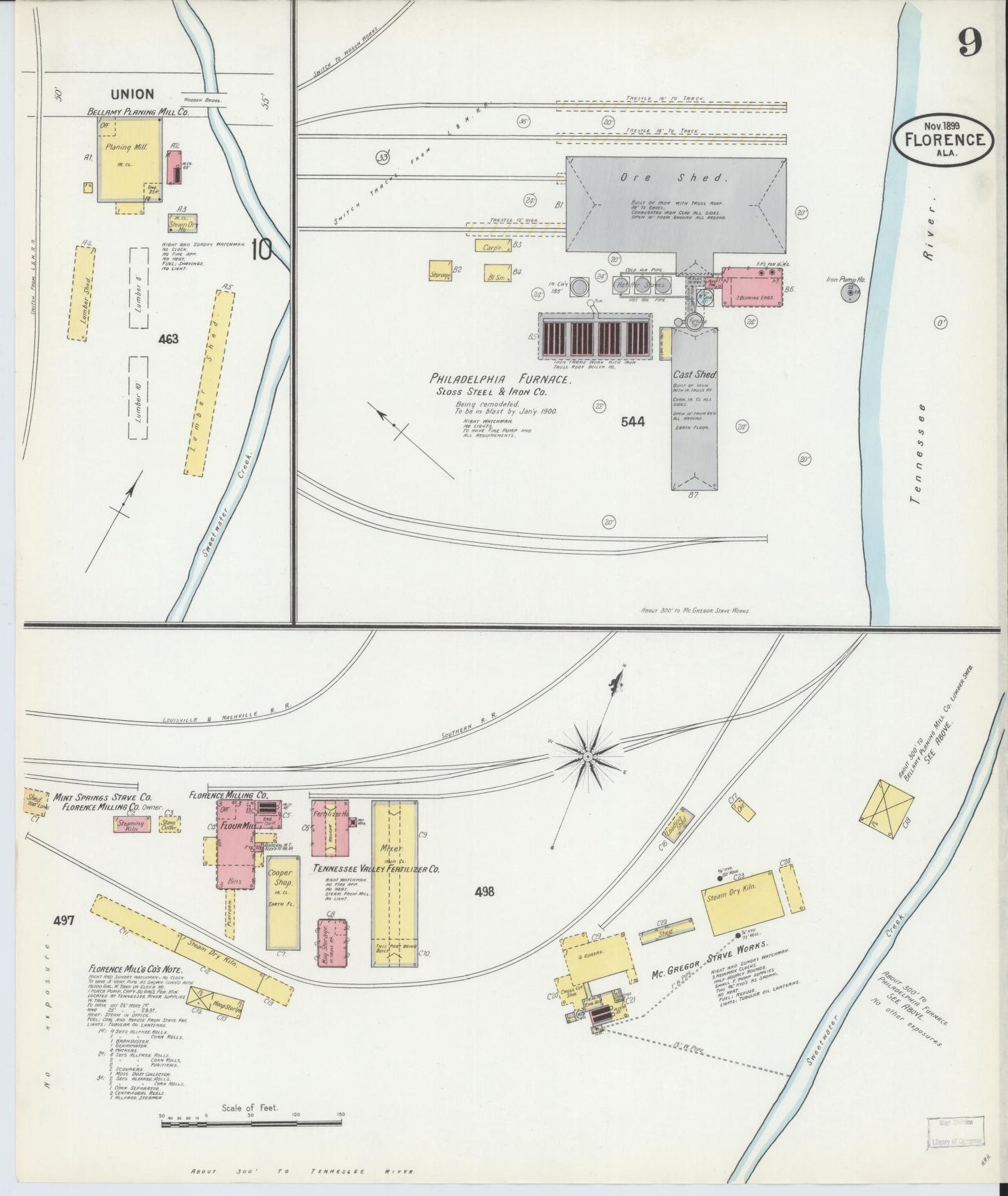 Sanborn Fire Insurance Map from Florence, Lauderdale County, Alabama (1899), Sheet #0009 - Historic Sanborn Fire Insurance Map Print, vintage old map wall art, antique decor, genealogy gift, Alabama Alabama map