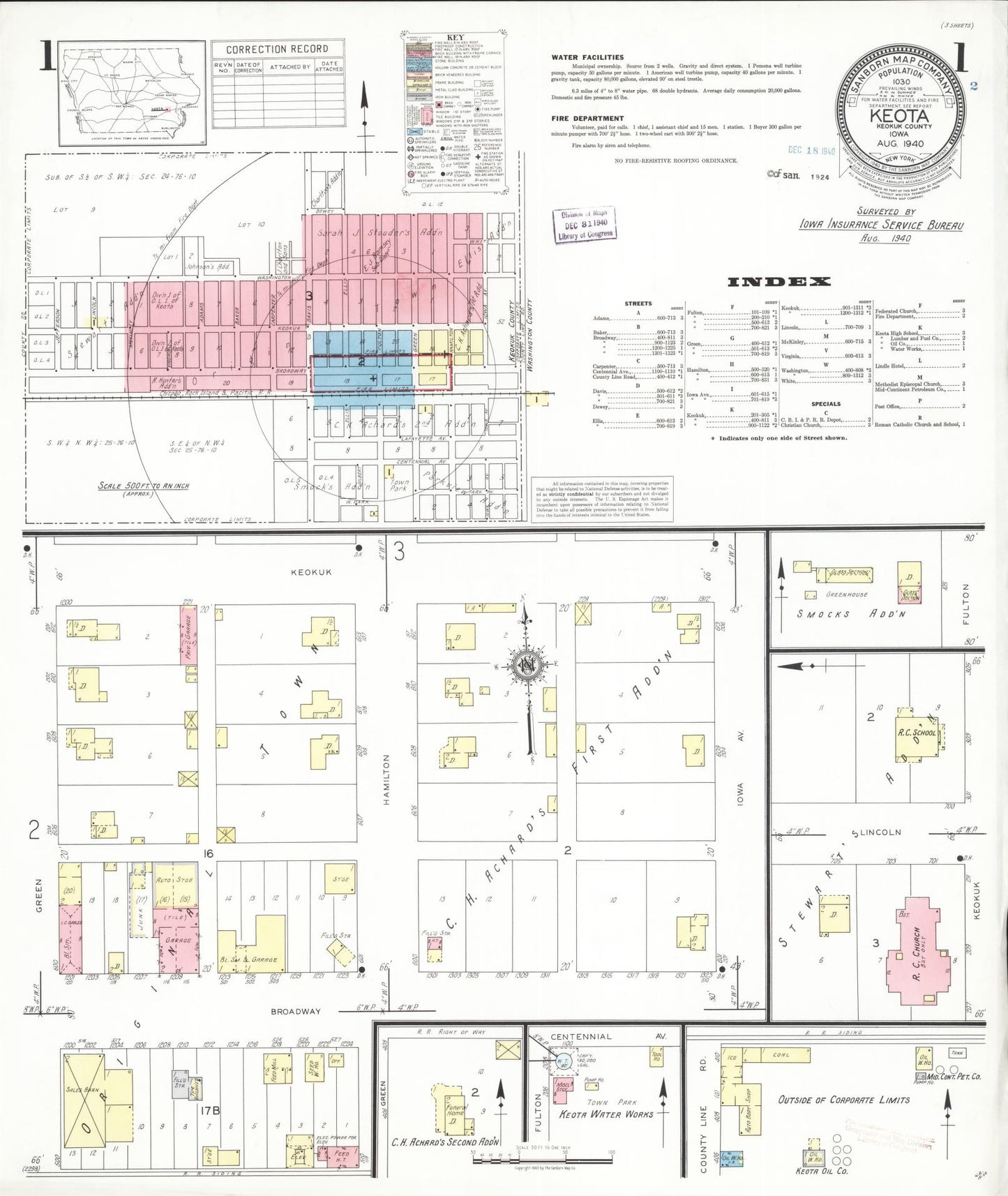 Sanborn Fire Insurance Map from Keota, Keokuk County, Iowa (1940), Sheet #0001 - Historic Sanborn Fire Insurance Map Print, vintage old map wall art