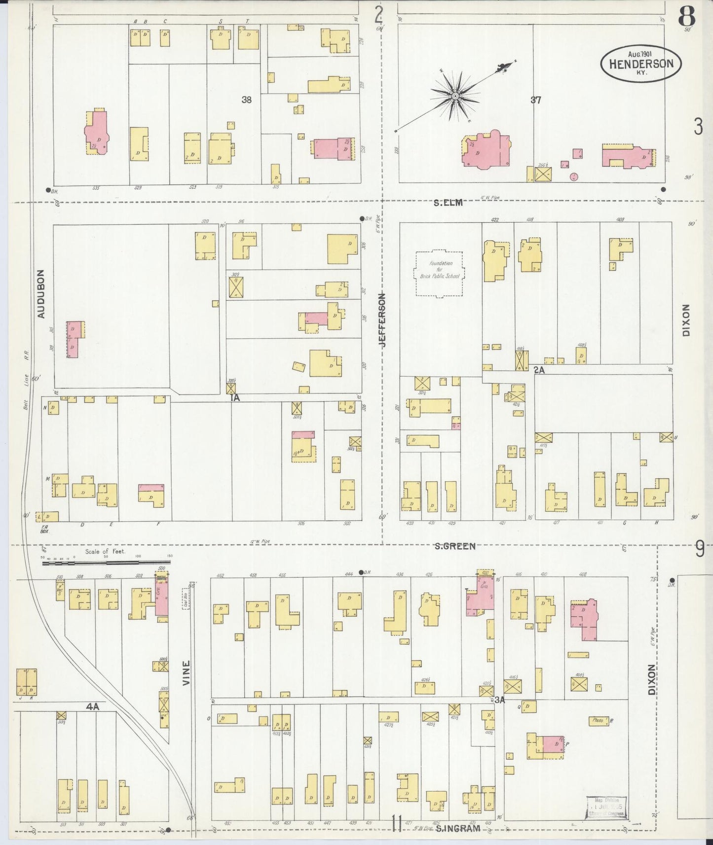 Sanborn Fire Insurance Map from Henderson, Henderson County, Kentucky (1901), Sheet #0008 - Historic Sanborn Fire Insurance Map Print, vintage old map wall art, antique decor, genealogy gift, Kentucky Kentucky map