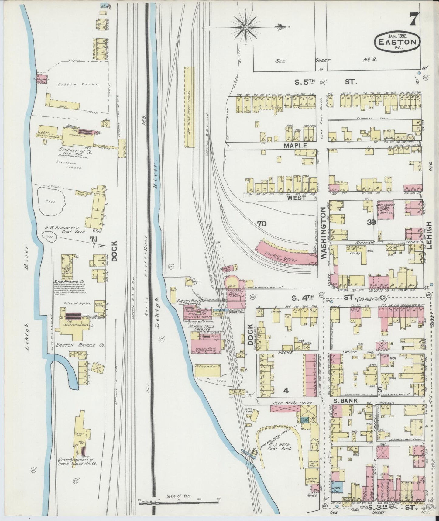 Sanborn Fire Insurance Map from Easton, Northampton County, Pennsylvania (1892), Sheet #0007 - Historic Sanborn Fire Insurance Map Print, vintage old map wall art, antique decor, genealogy gift, Pennsylvania Pennsylvania map