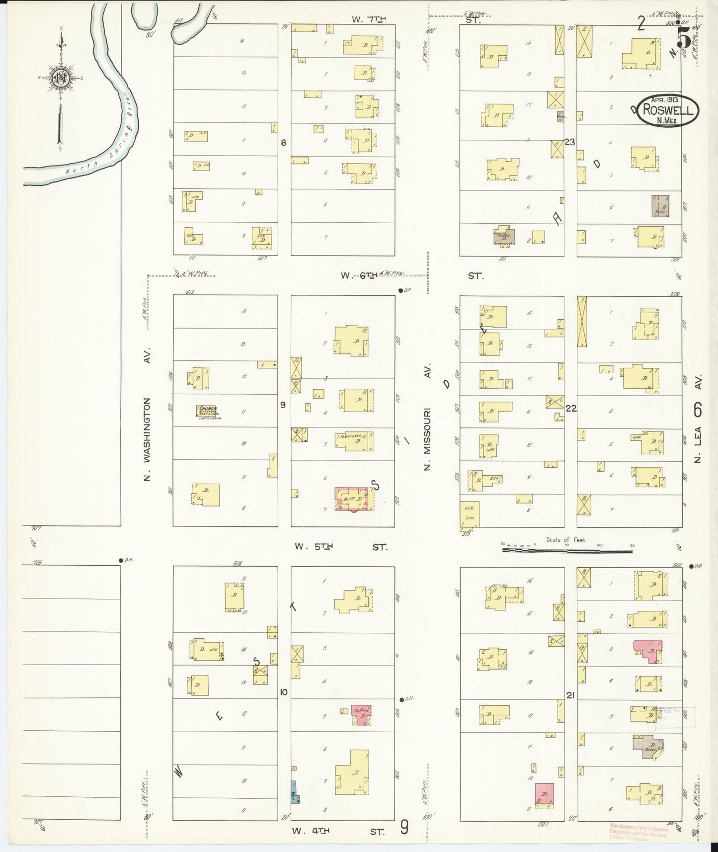 Sanborn Fire Insurance Map from Roswell, Chaves County, New Mexico (1913), Sheet #0005 - Historic Sanborn Fire Insurance Map Print, vintage old map wall art, antique decor, genealogy gift, New Mexico New Mexico map