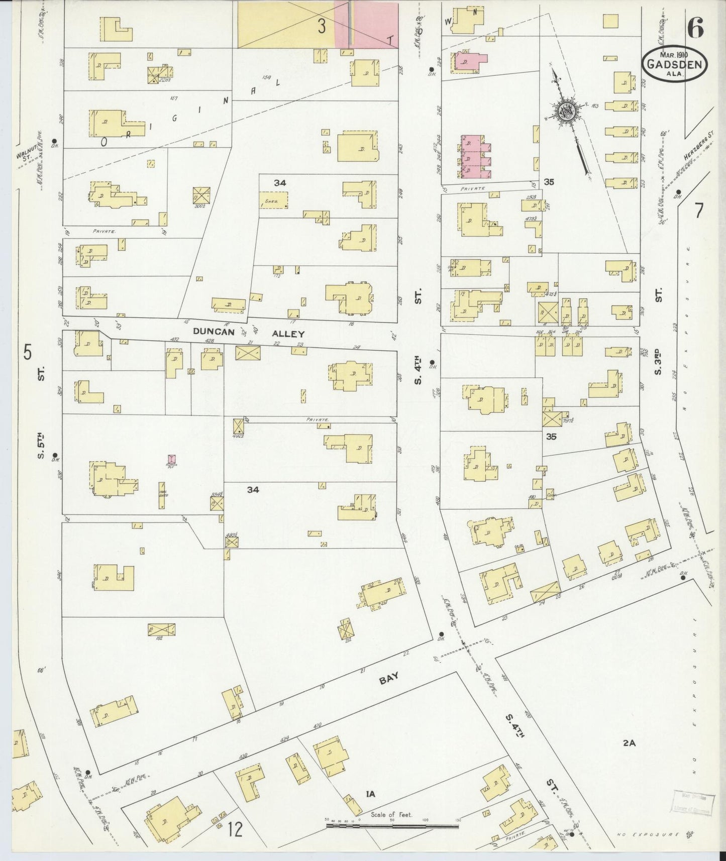 Sanborn Fire Insurance Map from Gadsden, Etowah County, Alabama (1910), Sheet #0006 - Historic Sanborn Fire Insurance Map Print, vintage old map wall art, antique decor, genealogy gift, Alabama Alabama map