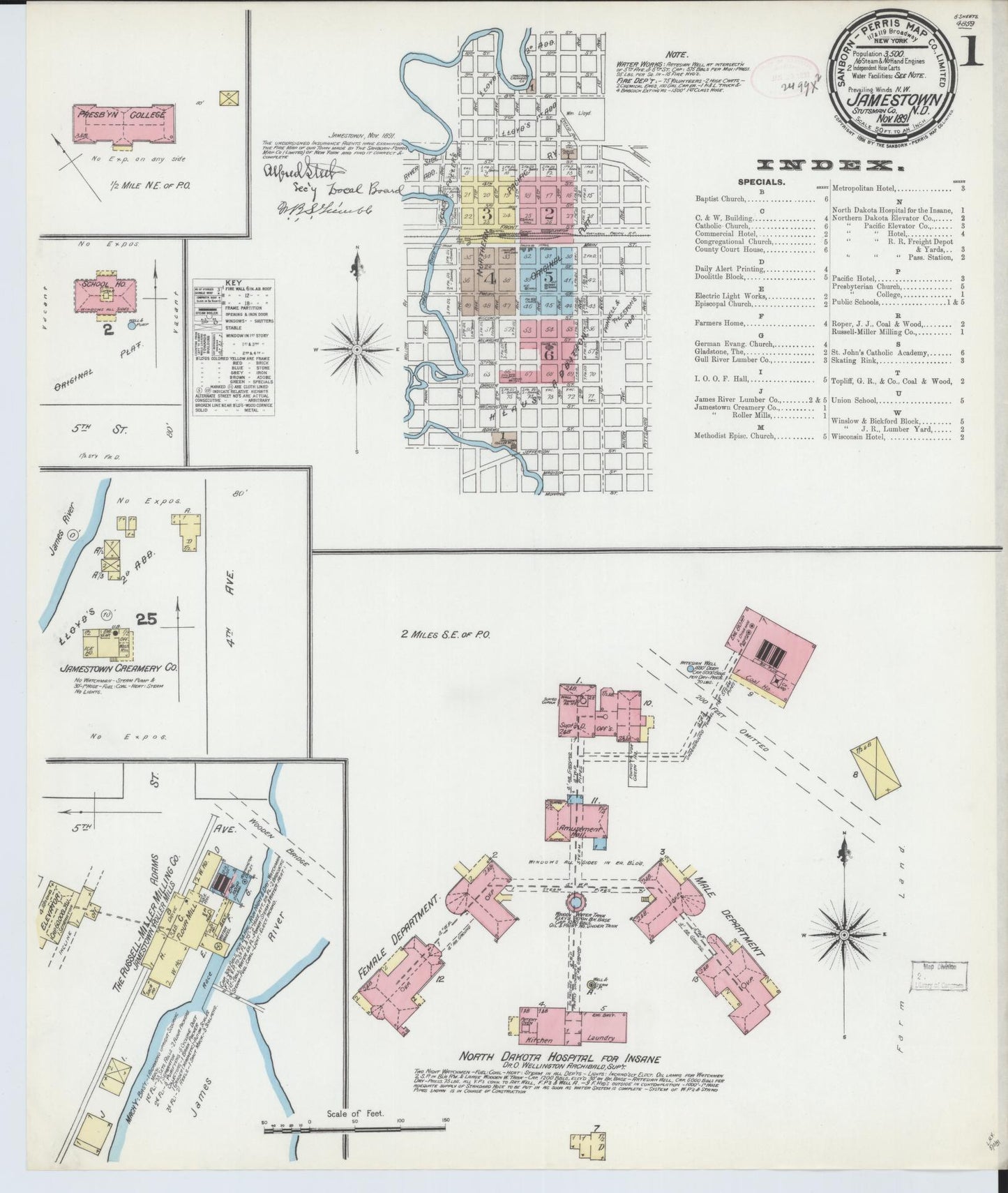 Sanborn Fire Insurance Map from Jamestown, Stutsman County, North Dakota (1891), Sheet #0001 - Historic Sanborn Fire Insurance Map Print, vintage old map wall art, antique decor, genealogy gift, North Dakota North Dakota map