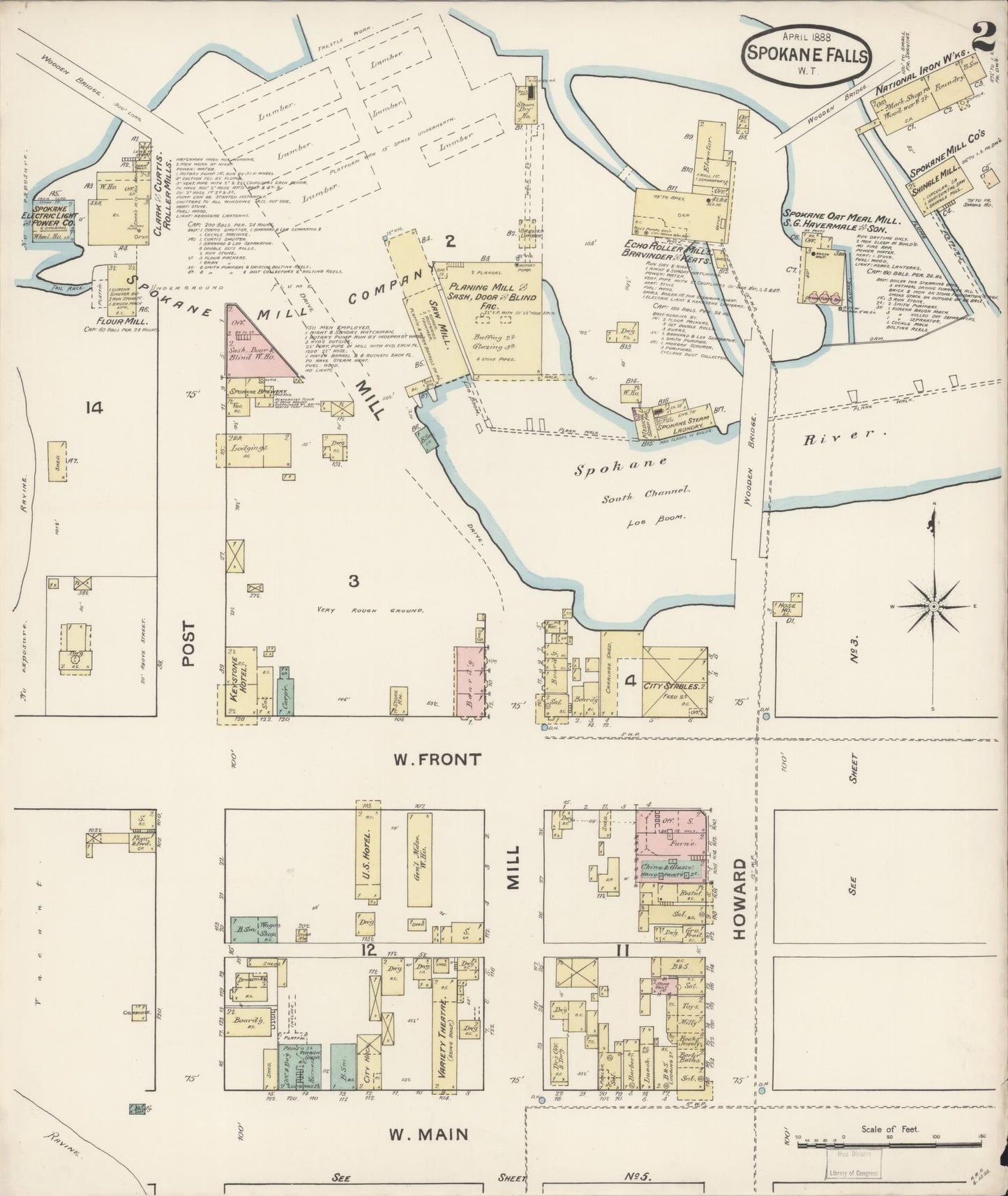 Sanborn Fire Insurance Map from Spokane, Spokane County, Washington (1888), Sheet #0002 - Historic Sanborn Fire Insurance Map Print, vintage old map wall art, antique decor, genealogy gift, Washington Washington map