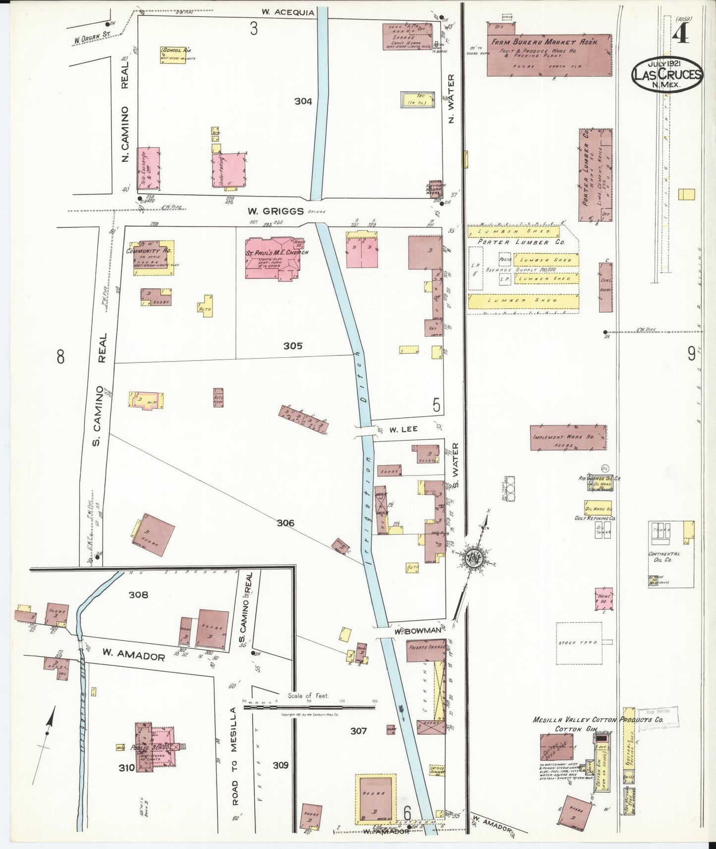 Sanborn Fire Insurance Map from Las Cruces, Dona Ana County, New Mexico (1921), Sheet #0004 - Historic Sanborn Fire Insurance Map Print, vintage old map wall art, antique decor, genealogy gift, New Mexico New Mexico map