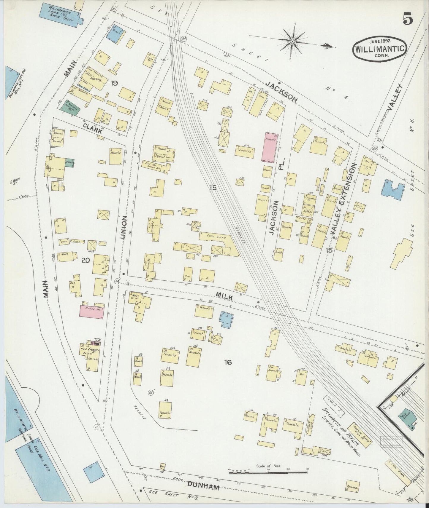 Sanborn Fire Insurance Map from Willimantic, Windham County, Connecticut (1892), Sheet #0005 - Historic Sanborn Fire Insurance Map Print, vintage old map wall art, antique decor, genealogy gift, Connecticut Connecticut map
