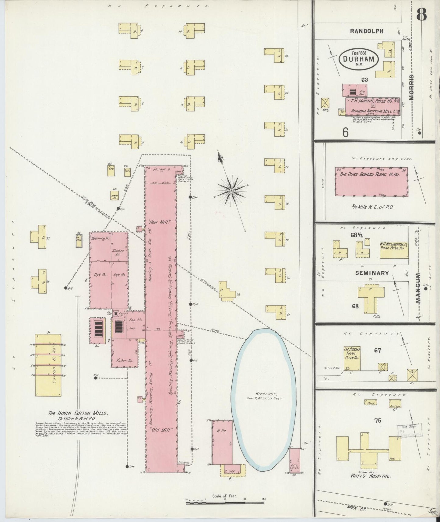 Sanborn Fire Insurance Map from Durham, Durham County, North Carolina (1898), Sheet #0008 - Historic Sanborn Fire Insurance Map Print, vintage old map wall art, antique decor, genealogy gift, North Carolina North Carolina map