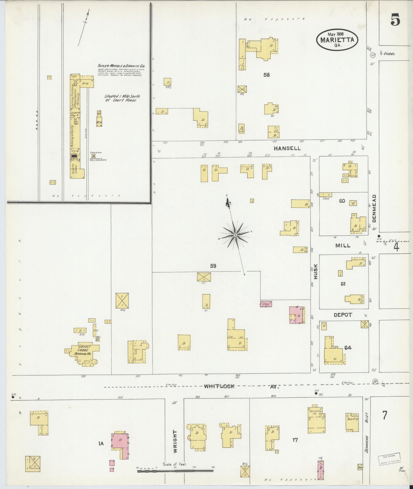 Sanborn Fire Insurance Map from Marietta, Cobb County, Georgia (1905), Sheet #0005 - Historic Sanborn Fire Insurance Map Print, vintage old map wall art, antique decor, genealogy gift, Georgia Georgia map