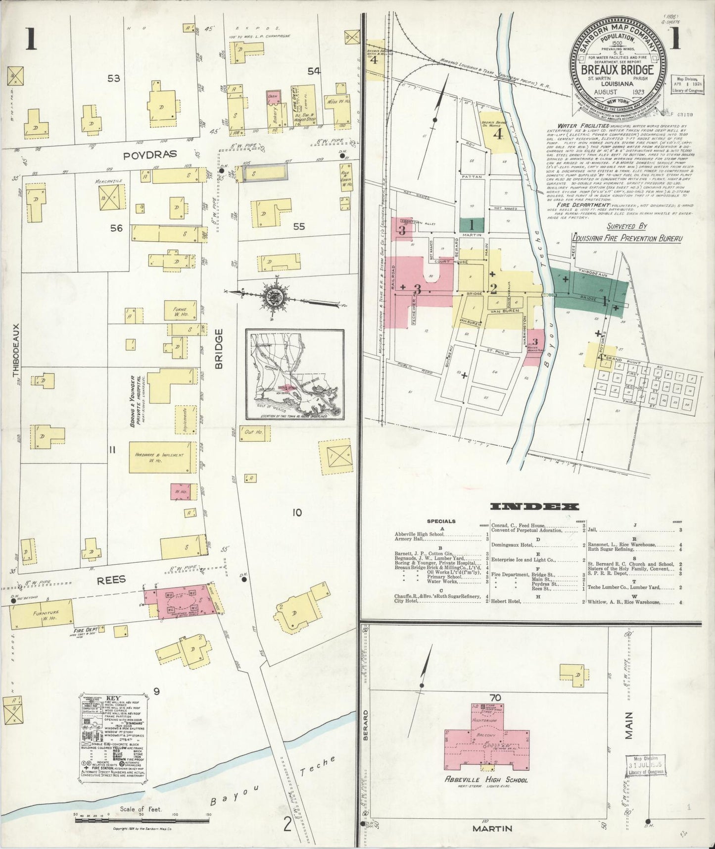 Sanborn Fire Insurance Map from Breaux Bridge, Saint Martin Parish, Louisiana (1923), Sheet #0001 - Historic Sanborn Fire Insurance Map Print, vintage old map wall art, antique decor, genealogy gift, Louisiana Louisiana map