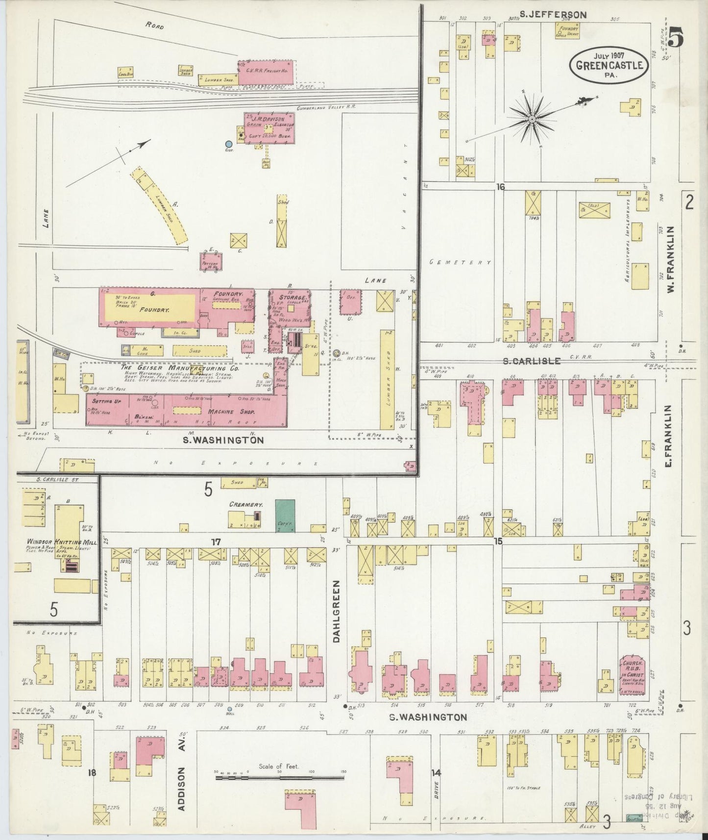 Sanborn Fire Insurance Map from Greencastle, Franklin County, Pennsylvania (1907), Sheet #0005 - Historic Sanborn Fire Insurance Map Print, vintage old map wall art, antique decor, genealogy gift, Pennsylvania Pennsylvania map