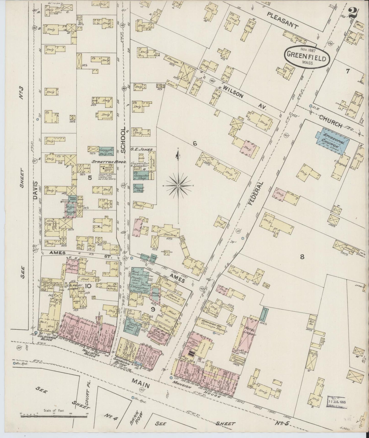 Sanborn Fire Insurance Map from Greenfield, Franklin County, Massachusetts (1887), Sheet #0002 - Historic Sanborn Fire Insurance Map Print, vintage old map wall art, antique decor, genealogy gift, Massachusetts Massachusetts map