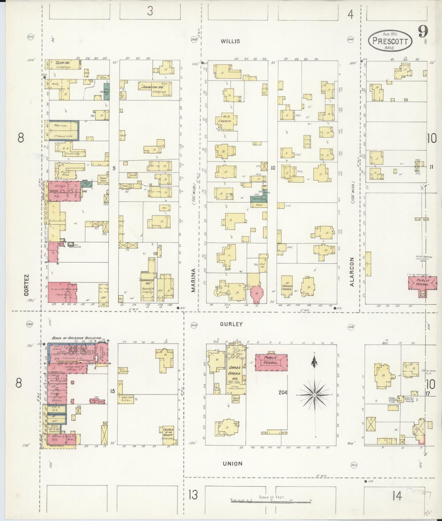 Sanborn Fire Insurance Map from Prescott, Yavapai County, Arizona (1901), Sheet #0009 - Historic Sanborn Fire Insurance Map Print, vintage old map wall art, antique decor, genealogy gift, Arizona Arizona map