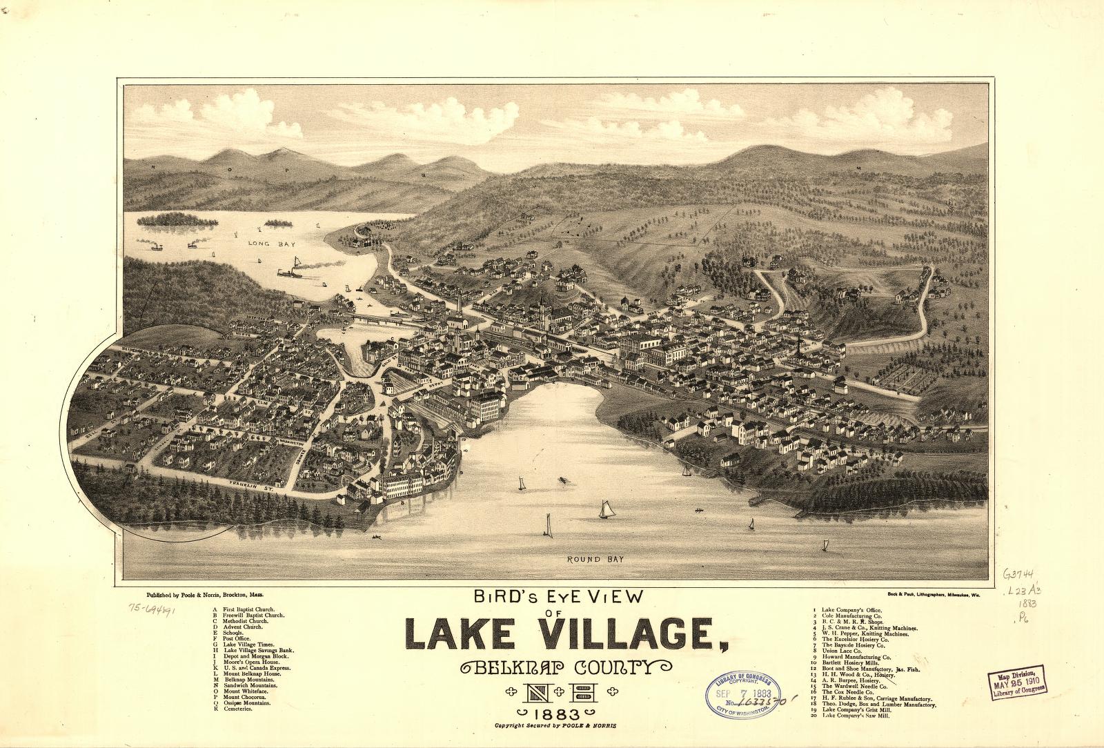 Bird's eye view of Lake Village, Belknap County, N.H. 1883. (1883) – Historic Bird’s-Eye View Panorama Print