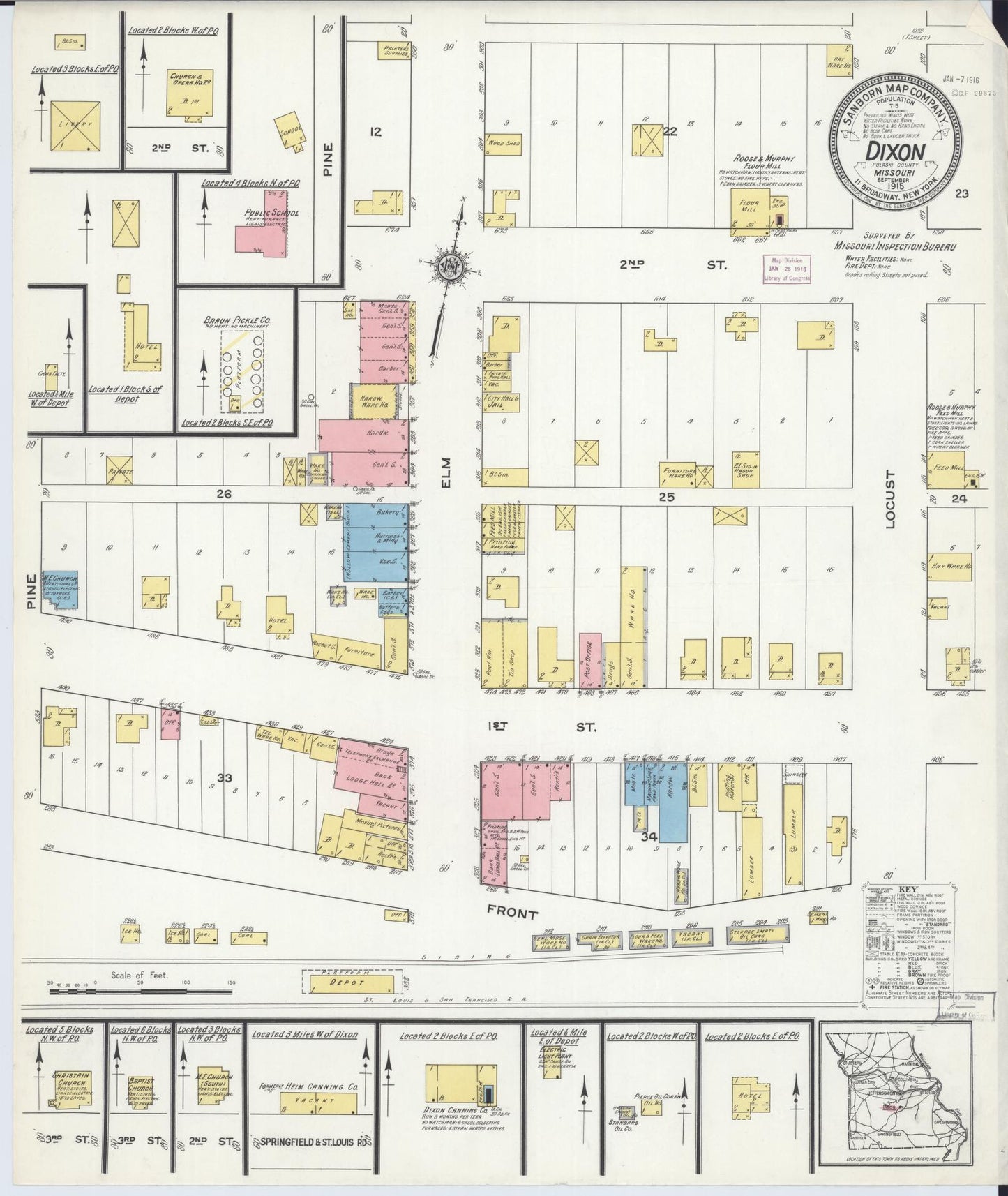 Sanborn Fire Insurance Map from Dixon, Pulaski County, Missouri (1915), Sheet #0001 - Historic Sanborn Fire Insurance Map Print, vintage old map wall art, antique decor, genealogy gift, Missouri Missouri map