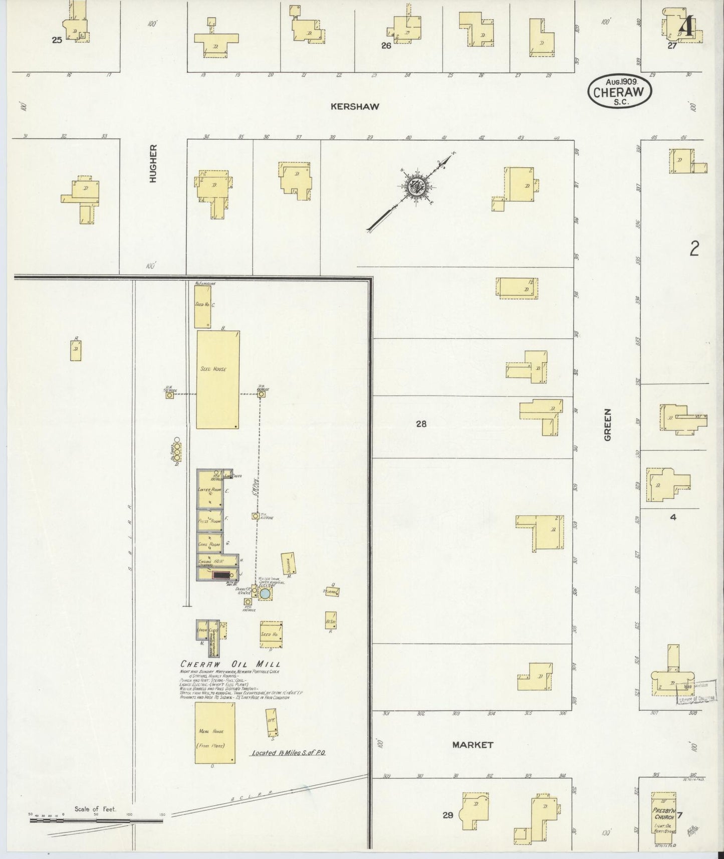 Sanborn Fire Insurance Map from Cheraw, Chesterfield County, South Carolina (1909), Sheet #0004 - Complete Map Set gallery image, historic Sanborn map, vintage wall art, South Carolina South Carolina