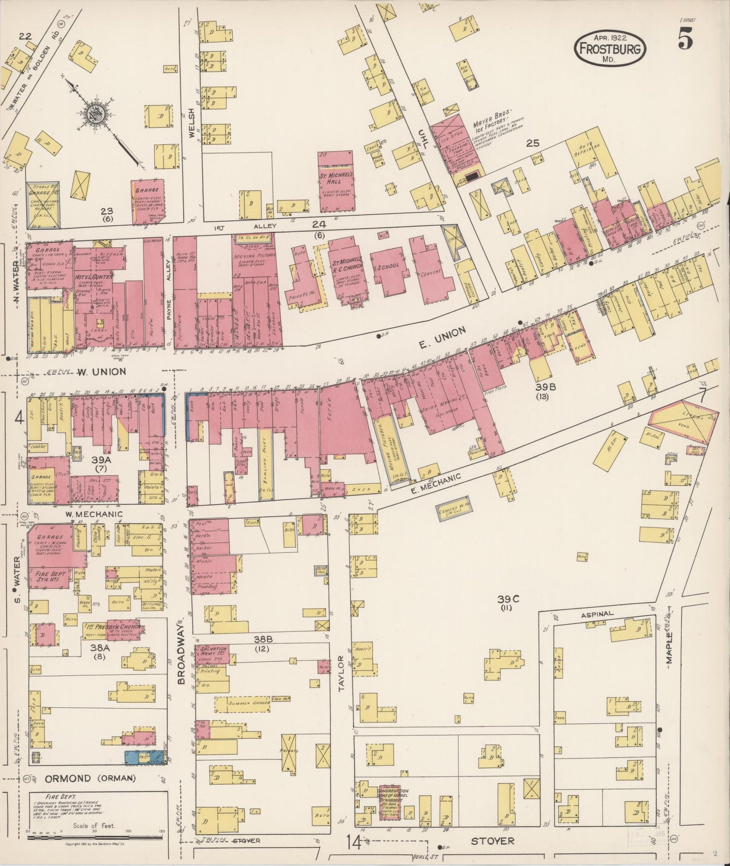 Sanborn Fire Insurance Map from Frostburg, Allegany County, Maryland (1922), Sheet #0005 - Historic Sanborn Fire Insurance Map Print, vintage old map wall art