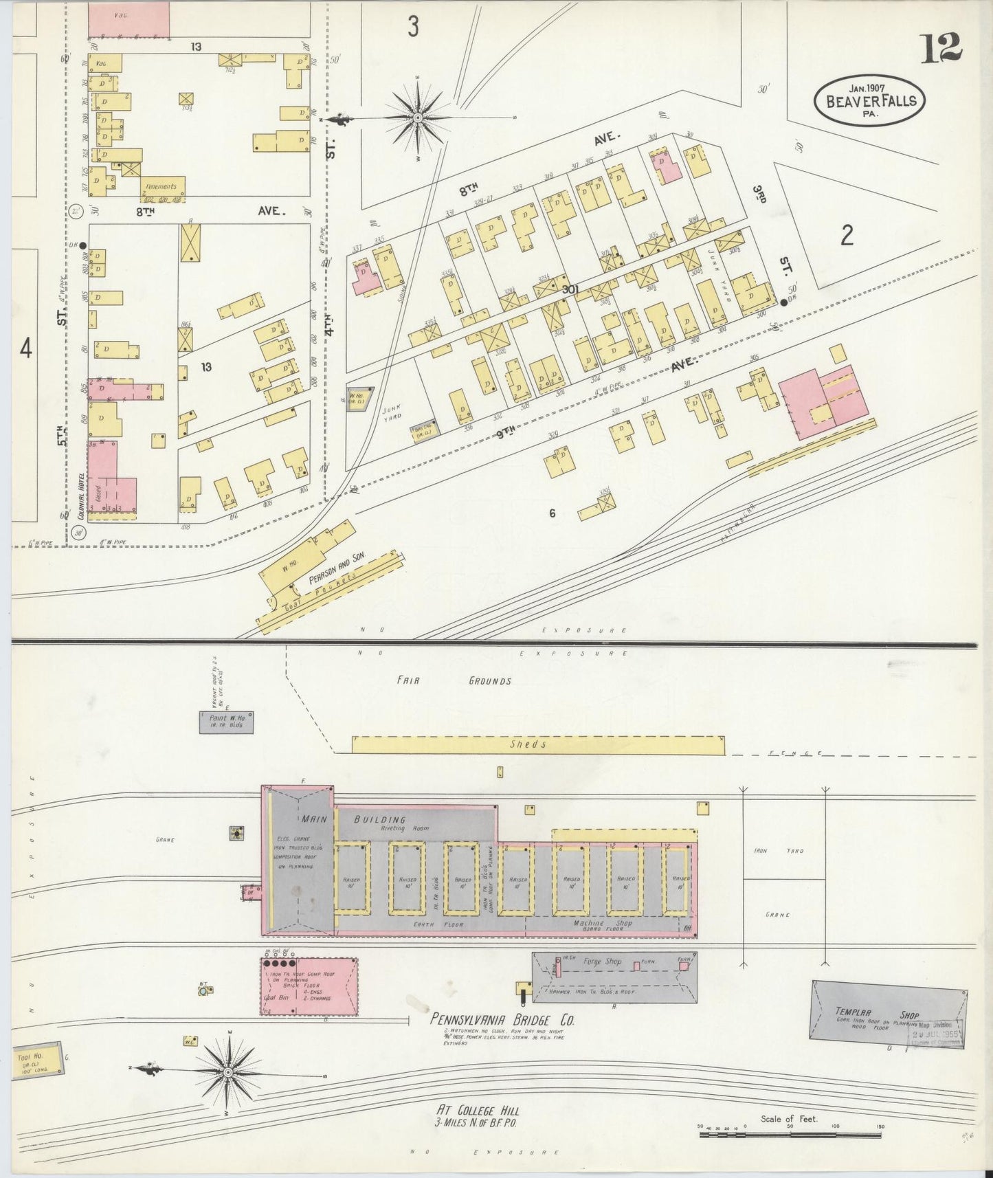 Sanborn Fire Insurance Map from Beaver Falls, Beaver County, Pennsylvania (1907), Sheet #0012 - Historic Sanborn Fire Insurance Map Print, vintage old map wall art, antique decor, genealogy gift, Pennsylvania Pennsylvania map