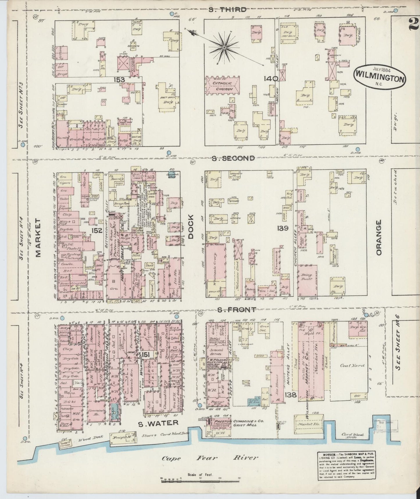 Sanborn Fire Insurance Map from Wilmington, New Hanover County, North Carolina (1884), Sheet #0002 - Historic Sanborn Fire Insurance Map Print, vintage old map wall art, antique decor, genealogy gift, North Carolina North Carolina map