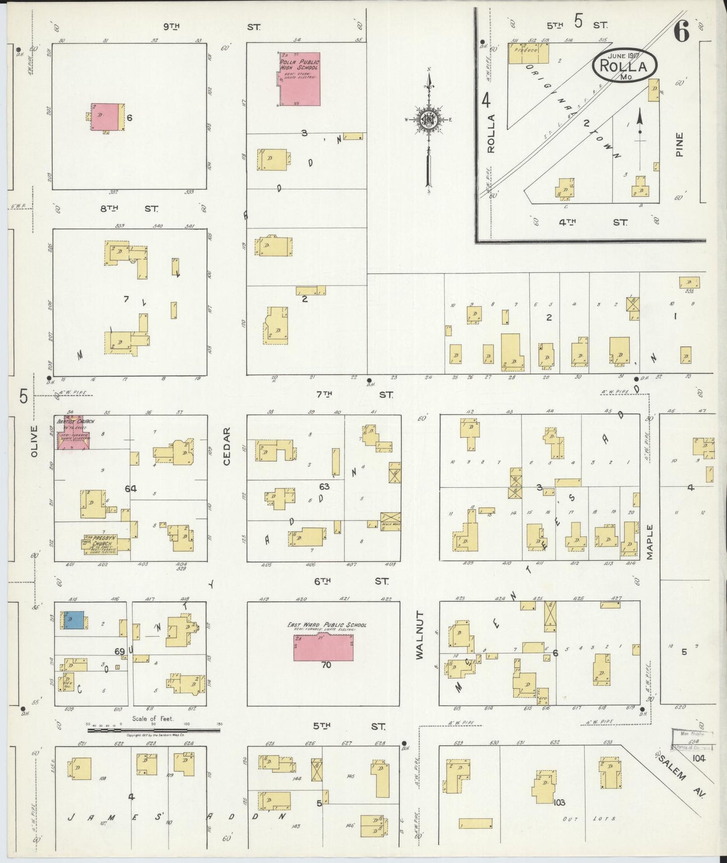 Sanborn Fire Insurance Map from Rolla, Phelps County, Missouri (1917), Sheet #0006 - Complete Map Set gallery image, historic Sanborn map, vintage wall art, Missouri Missouri