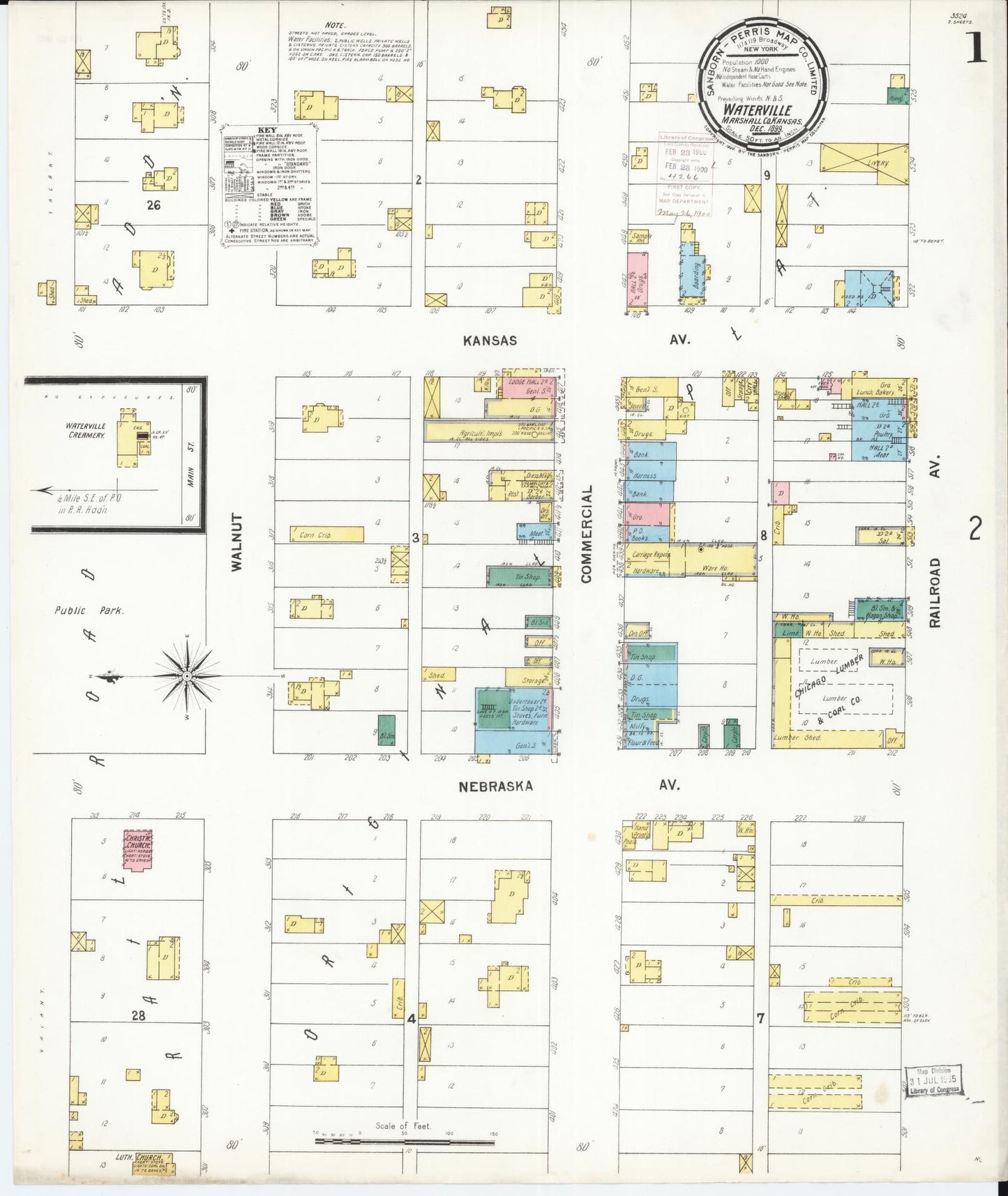 Sanborn Fire Insurance Map from Waterville, Marshall County, Kansas (1899), Sheet #0001 - Historic Sanborn Fire Insurance Map Print, vintage old map wall art, antique decor, genealogy gift, Kansas Kansas map
