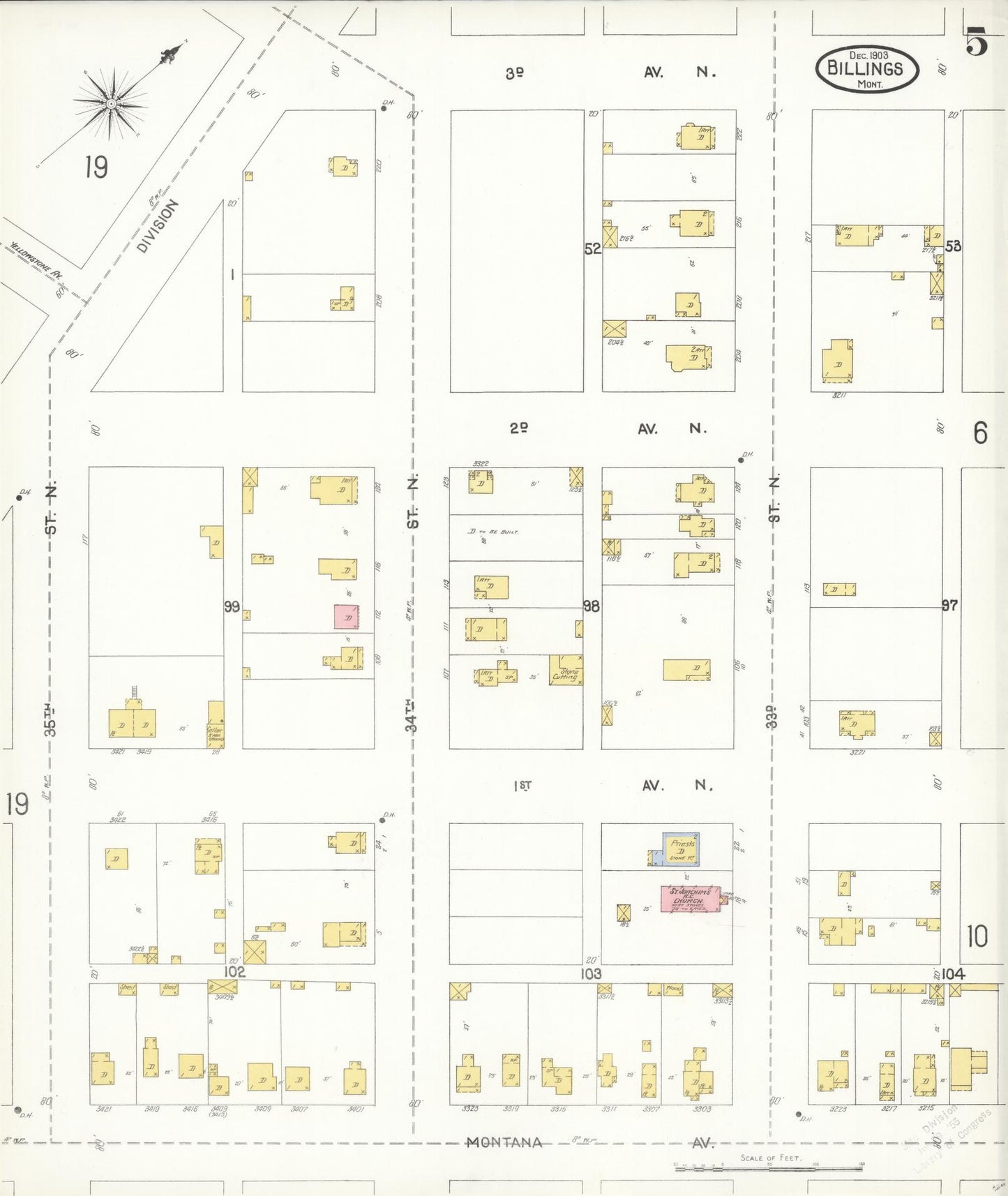 Sanborn Fire Insurance Map from Billings, Yellowstone County, Montana (1903), Sheet #0005 - Historic Sanborn Fire Insurance Map Print, vintage old map wall art, antique decor, genealogy gift, Montana Montana map
