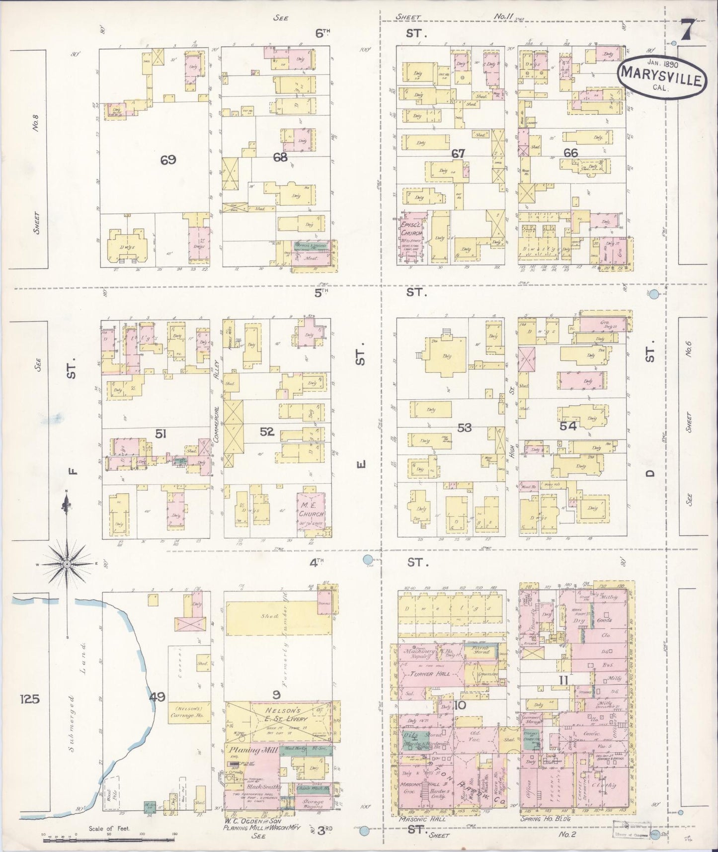 Sanborn Fire Insurance Map from Marysville, Yuba County, California (1890), Sheet #0007 - Historic Sanborn Fire Insurance Map Print, vintage old map wall art, antique decor, genealogy gift, California California map