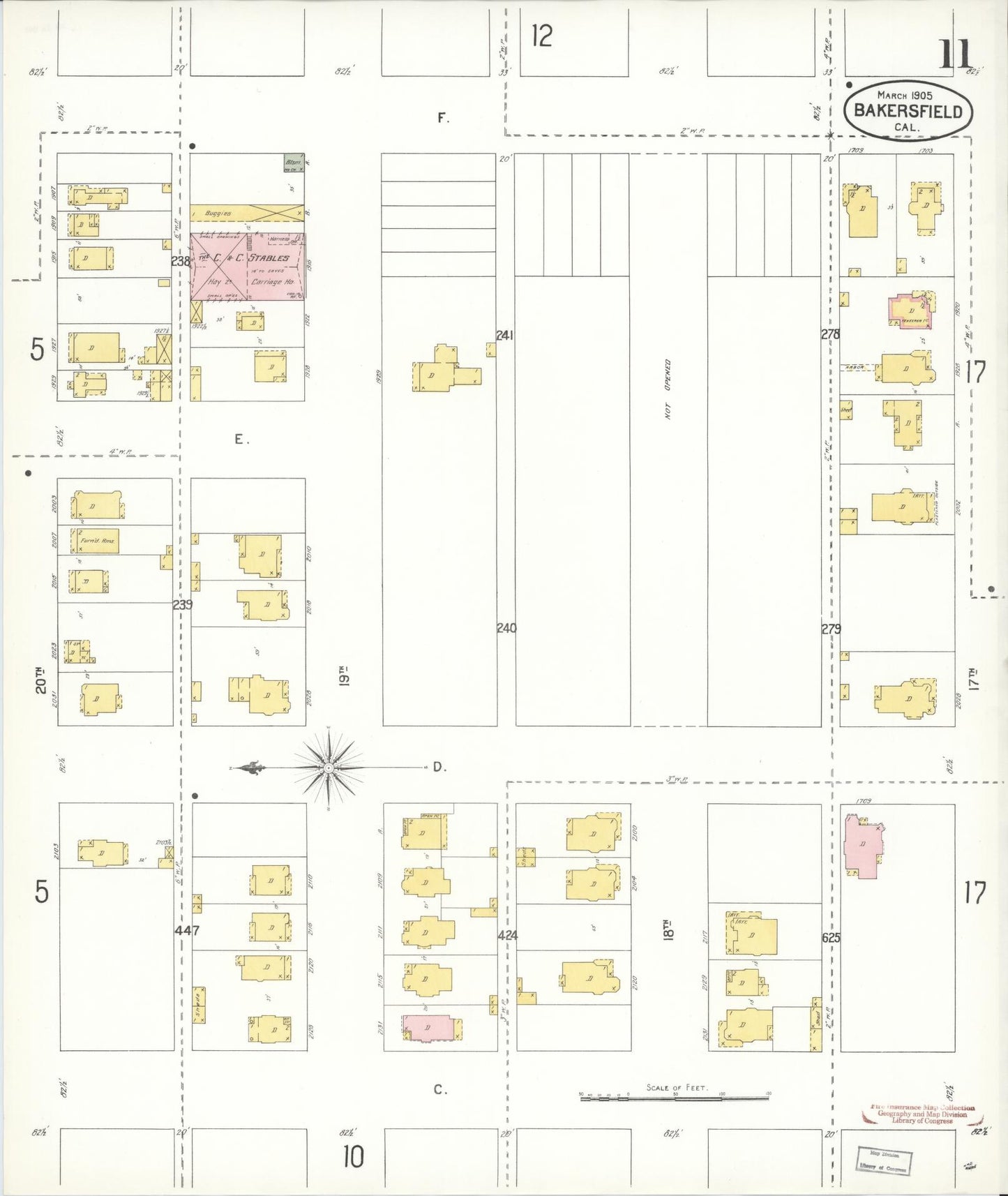 Sanborn Fire Insurance Map from Bakersfield, Kern County, California (1905), Sheet #0011 - Historic Sanborn Fire Insurance Map Print, vintage old map wall art, antique decor, genealogy gift, California California map
